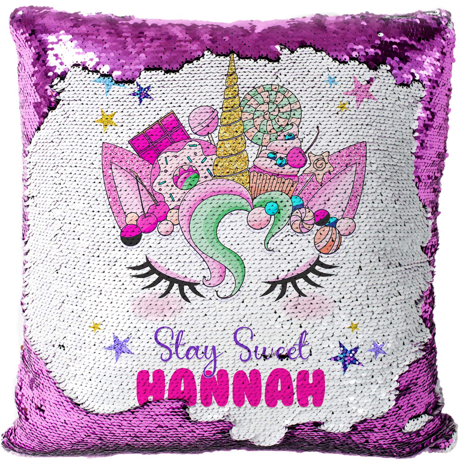 KRAFTYGIFTS Personalised UNICORN FACE Magic Reveal Sequin Cushion Cover Case Girls MC023 (PINK)