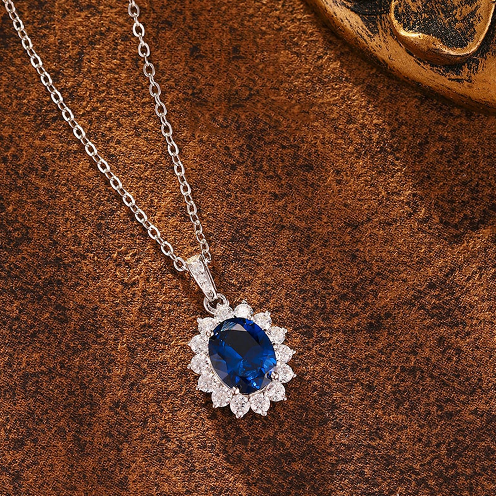Halskette Gold Frauen Blume mit 3,7 ct synthetischem Saphir und Moissanit, Kette Gold 375 Damen für Freundin| Weißgold 9K 14K 18K | Trendiger Modeschmuck für Neujahr