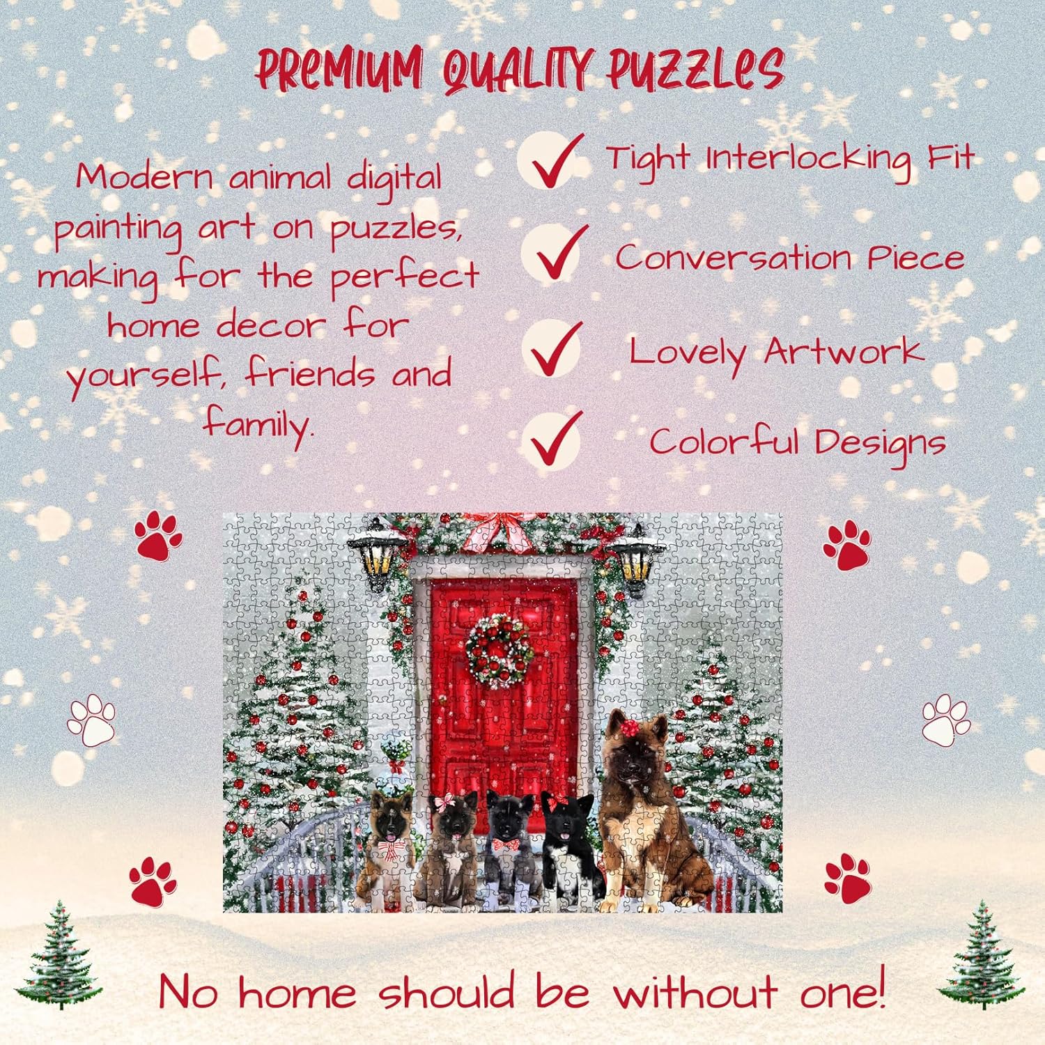 Christmas Holiday Welcome American Akita Dogs Jigsaw Puzzle for Adults - Animal Printed Interlocking Puzzle Game Artwork - Gift for Dog Lover's - 1000 Pcs 20"x30"