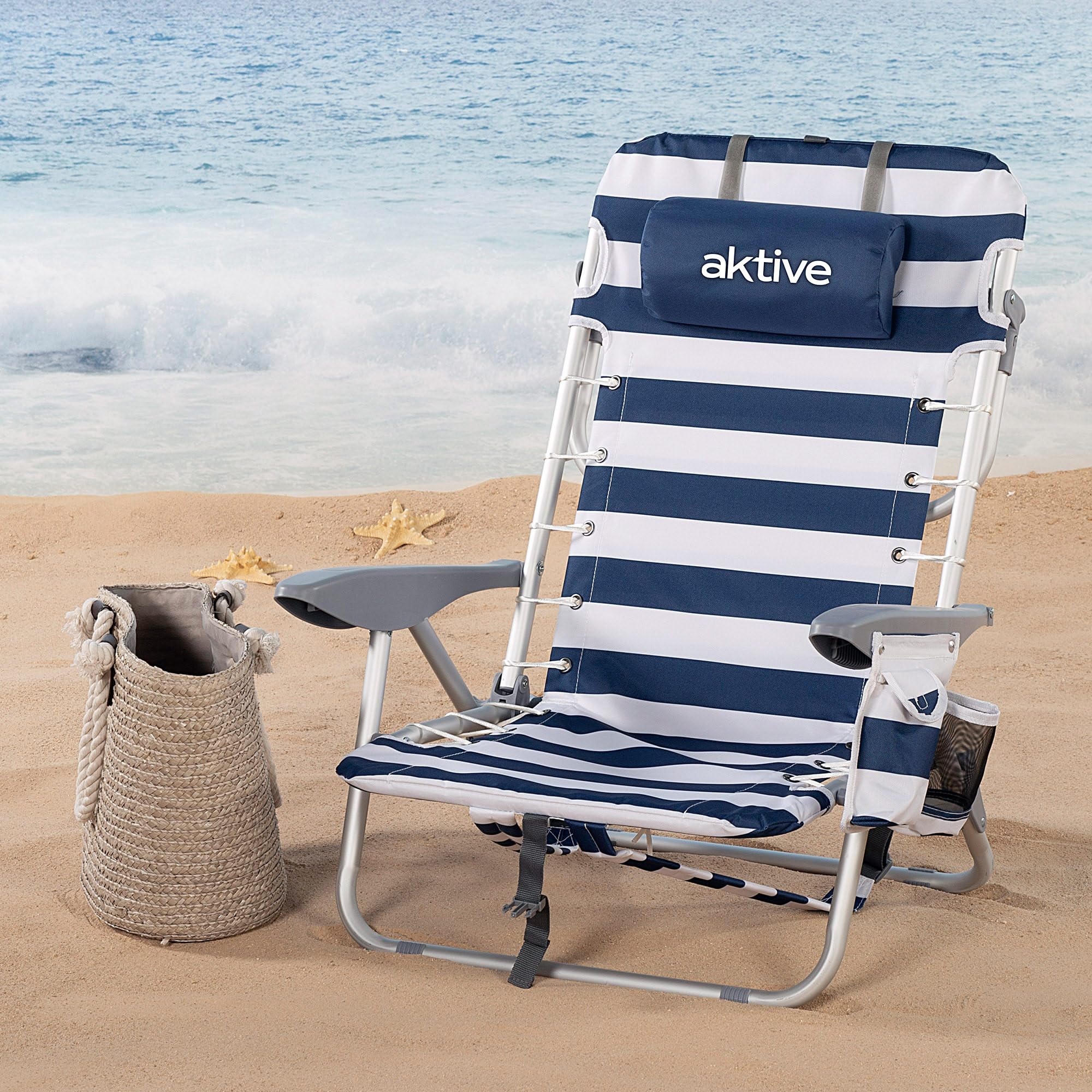 AKTIVE Chaise de Plage Pliante et Inclinable avec 4 Positions Rayures Bleues et Blanches, Dimensions 50X45X76cm, Poids Max 110 kg, Matériau Polyester, Anti-Roulement, Chaises de Plage (62286)