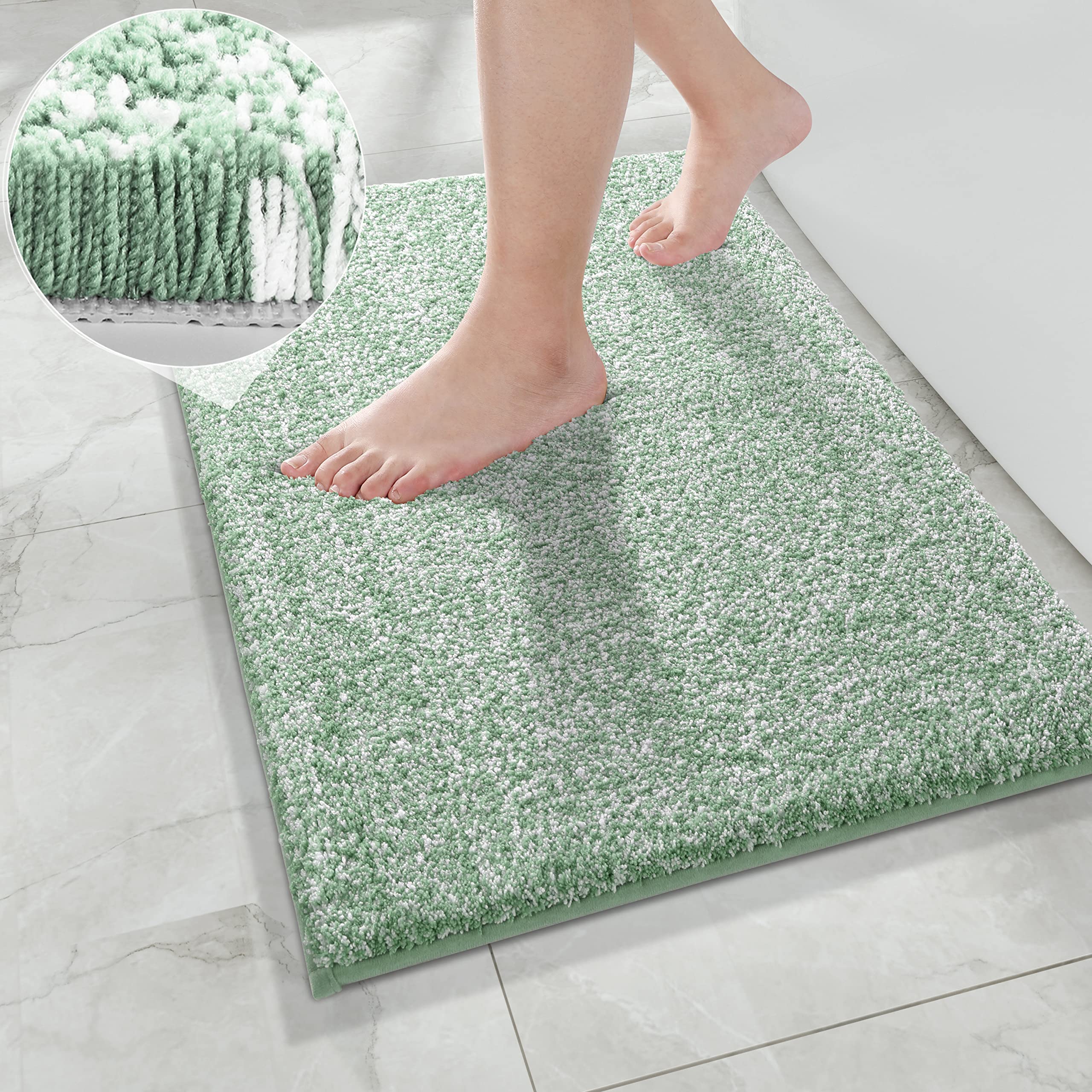 Yimobra Bathroom Rugs Mat, Extra Soft Comfortable Bath Rugs, Non-Slip, Water Absorbent and Thick Bathroom Floor Mats, Machine Washine, Shaggy Rugs for Shower Bathtubs, 24" x 17", Green&WhiteOEKO-TEX STANDARD 100
