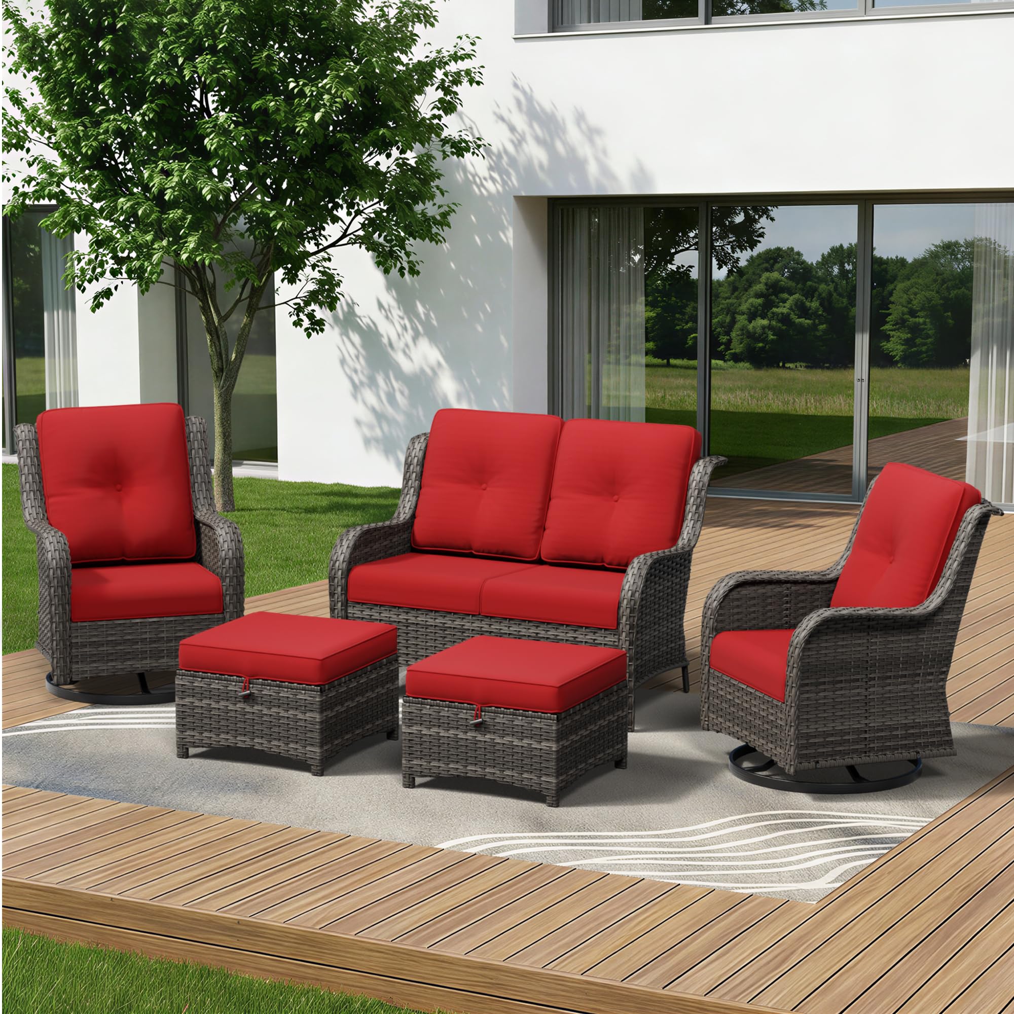5 Piece Outdoor Wicker Patio Furniture Set, Outdoor Swivel Rocker Patio Chairs Set with Thickened Olefin Cushions, High Back and Deep Seating, Hand-Woven PE Rattan for Porch, Deck