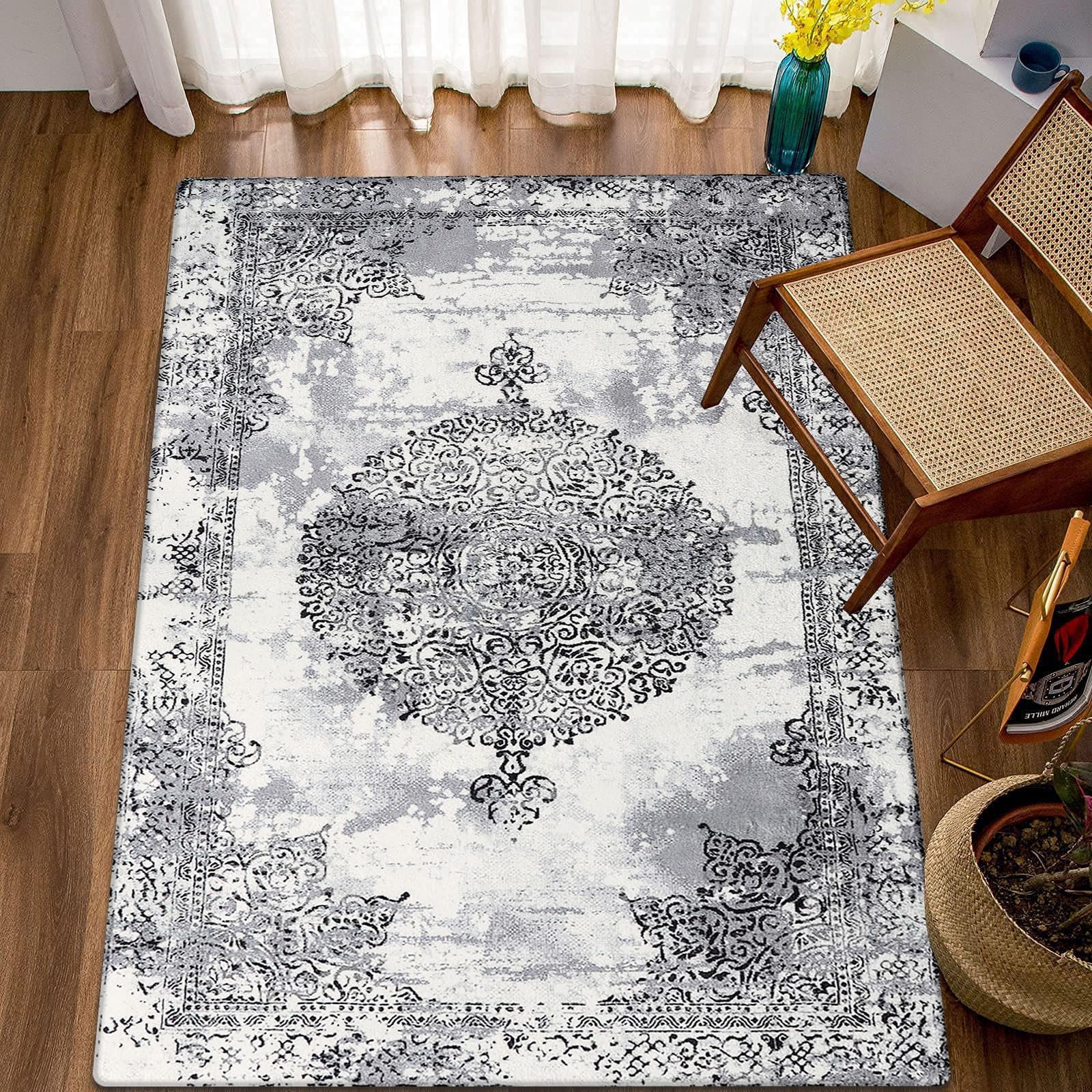 Photo 1 of AGELMAT Oriental Distressed Area Rug 4x6 Boho Rug Washable Low-Pile Living Room Rug Non-Slip Accent Floor Mat for Bedroom Aesthetic Persian Throw Carpet for Apartment Kitchen Dining Table Gray 4 x 6 ft Gray Blue