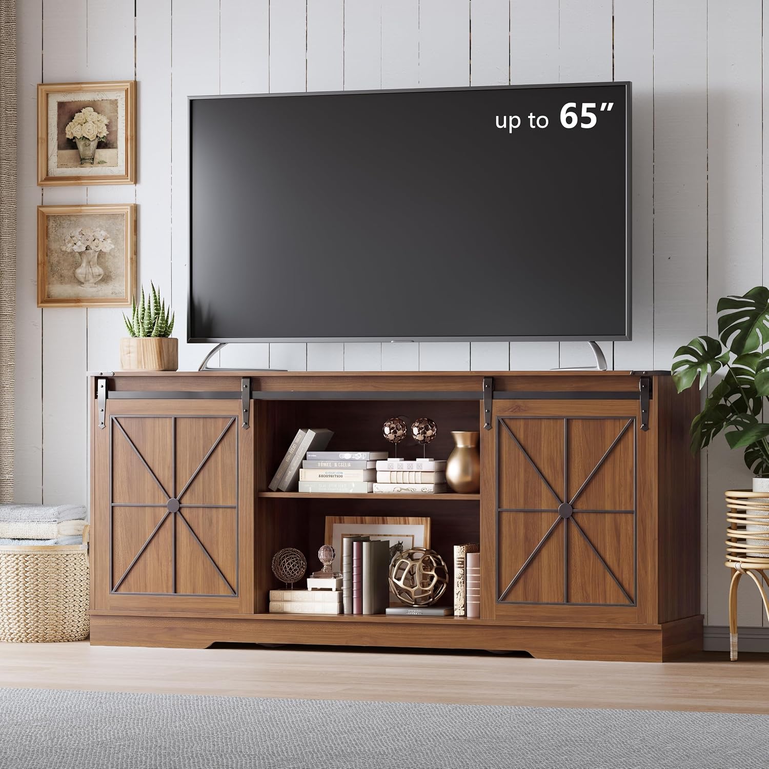 Farmhouse TV Stand for 65/60/55 Inch Tvs, Rustic Entertainment Center with Storage Cabinets & Sliding Barn Doors, Modern Media Console Table, Wood Television Furniture for Living Room, Bedroom, Walnut