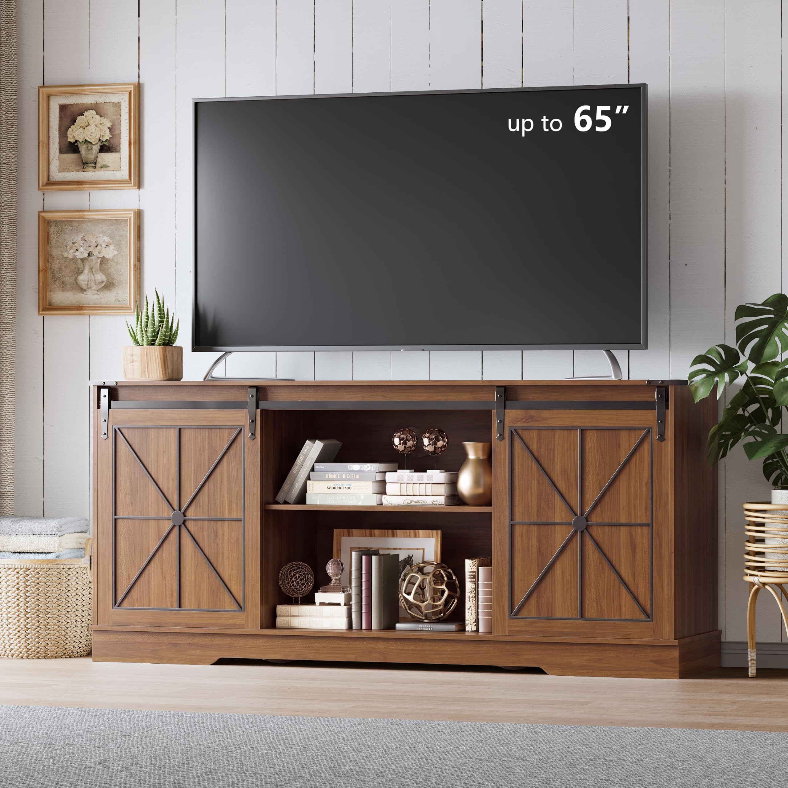 Farmhouse TV Stand for 65/60/55 Inch Tvs, Rustic Entertainment Center with Storage Cabinets &amp; Sliding Barn Doors, Modern Media Console Table, Wood Television Furniture for Living Room, Bedroom, Walnut
