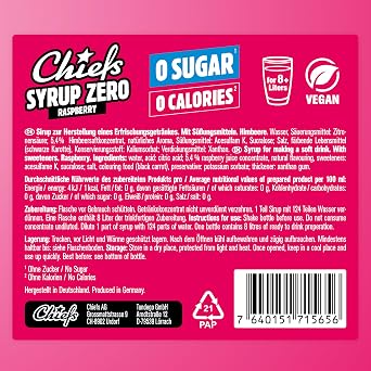 CHIEFS Syrup, Zero Calorie Syrup with Real Fruit Extracts, Raspberry, 65ml - More than 8l Softdrink - Zero Added Sugars
