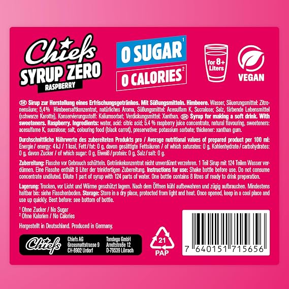 CHIEFS Syrup, Zero Calorie Syrup with Real Fruit Extracts, Raspberry, 65ml - More than 8l Softdrink - Zero Added Sugars