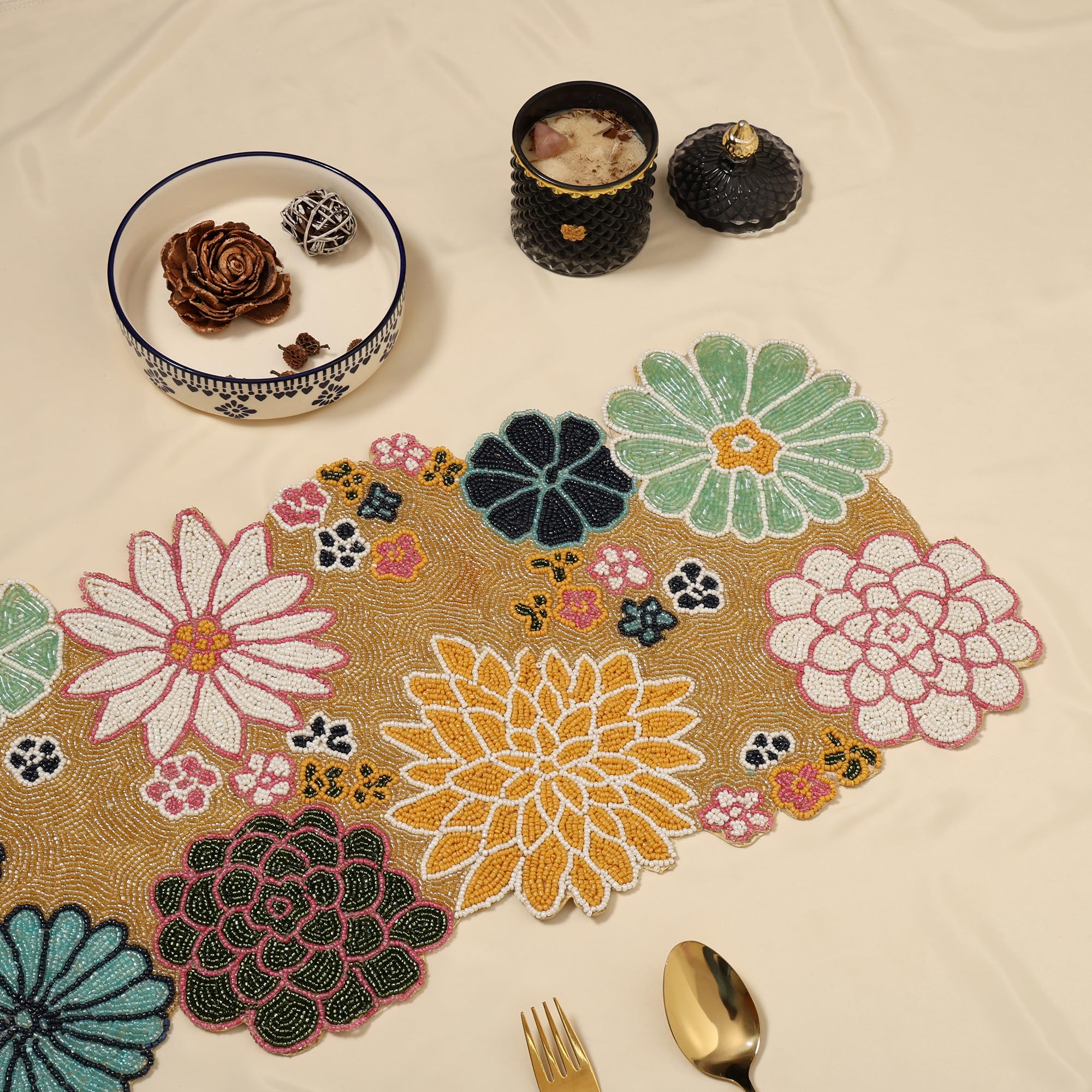 Made for you Beautiful Beaded Table Runner Craftsmanship Measure 13 * 36 Inches| Thanksgiving - Occasional Decoration Beige - Blue Colour, Standard