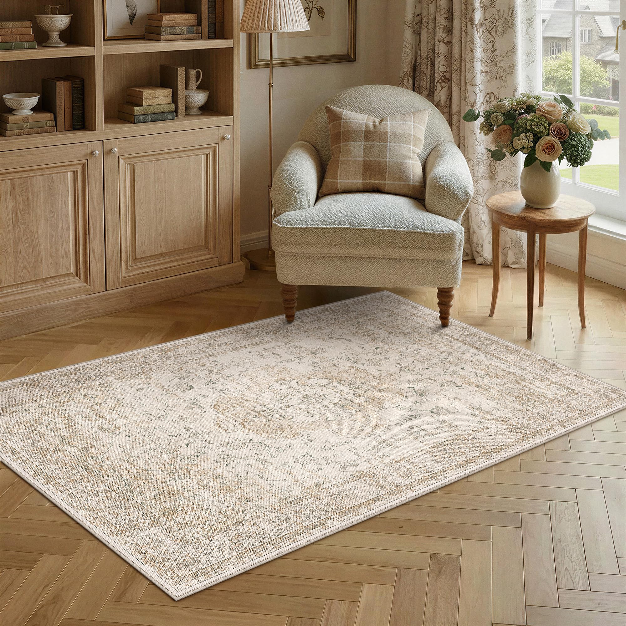 PureCozy Beige Small Area Rug 3x4 Vintage Oriental Distressed