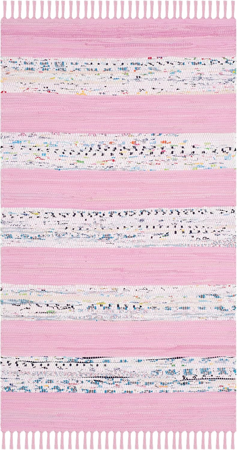 SAFAVIEH Montauk Collection Accent Rug - 2'6" x 4', Ivory & Light Pink, Handmade Stripe Fringe Cotton, Ideal for High Traffic Areas in Entryway, Living Room, Bedroom (MTK720E)