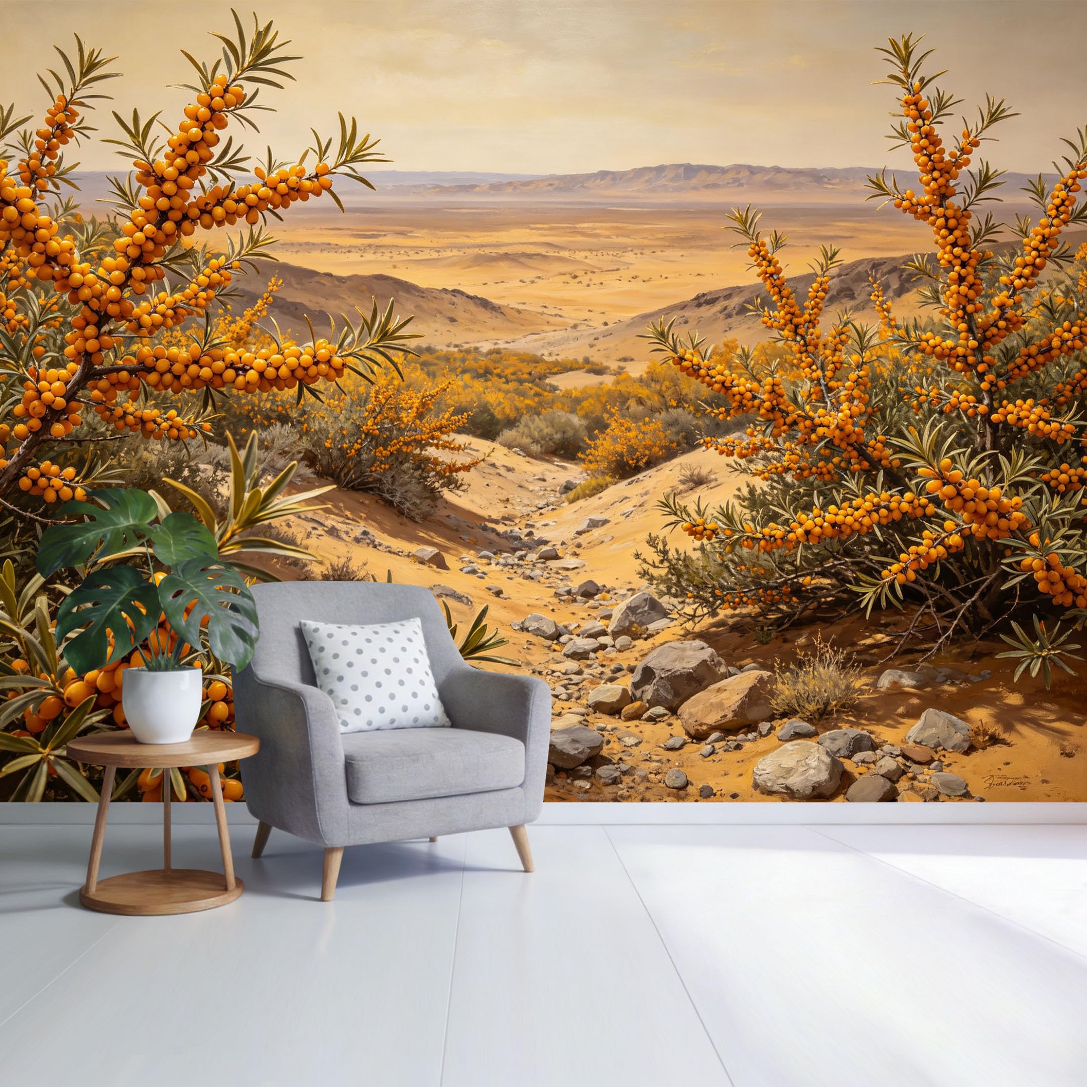 Custom Size Wall Mural Desert Landscape with Orange Sea Buckthorn Plants and Rocky Path Botanical Natural Scenery SelfAdhesive Wall Fabric Removable Wallpaper for Home Office Decor