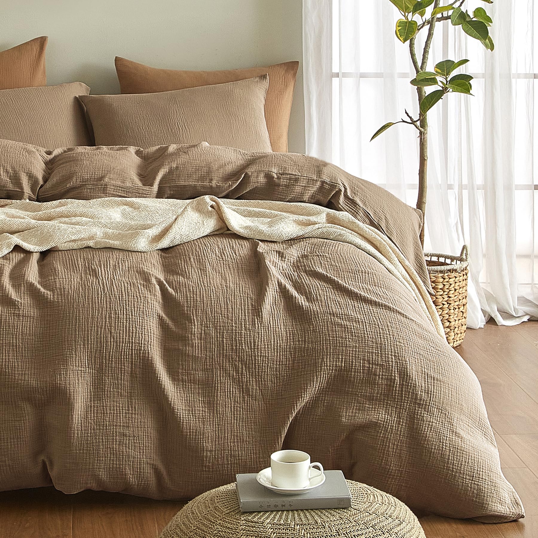 Bailix Premium Musselin Bettwäsche Sets 155x220 3 teilig 100% Baumwolle atmungsaktiv & bügelfrei Bettbezüge 155x220cm + 2er Kissenbezüge 80x80cm Oeko-Tex Bettwäsche-Sets mit Knöpfe Braun