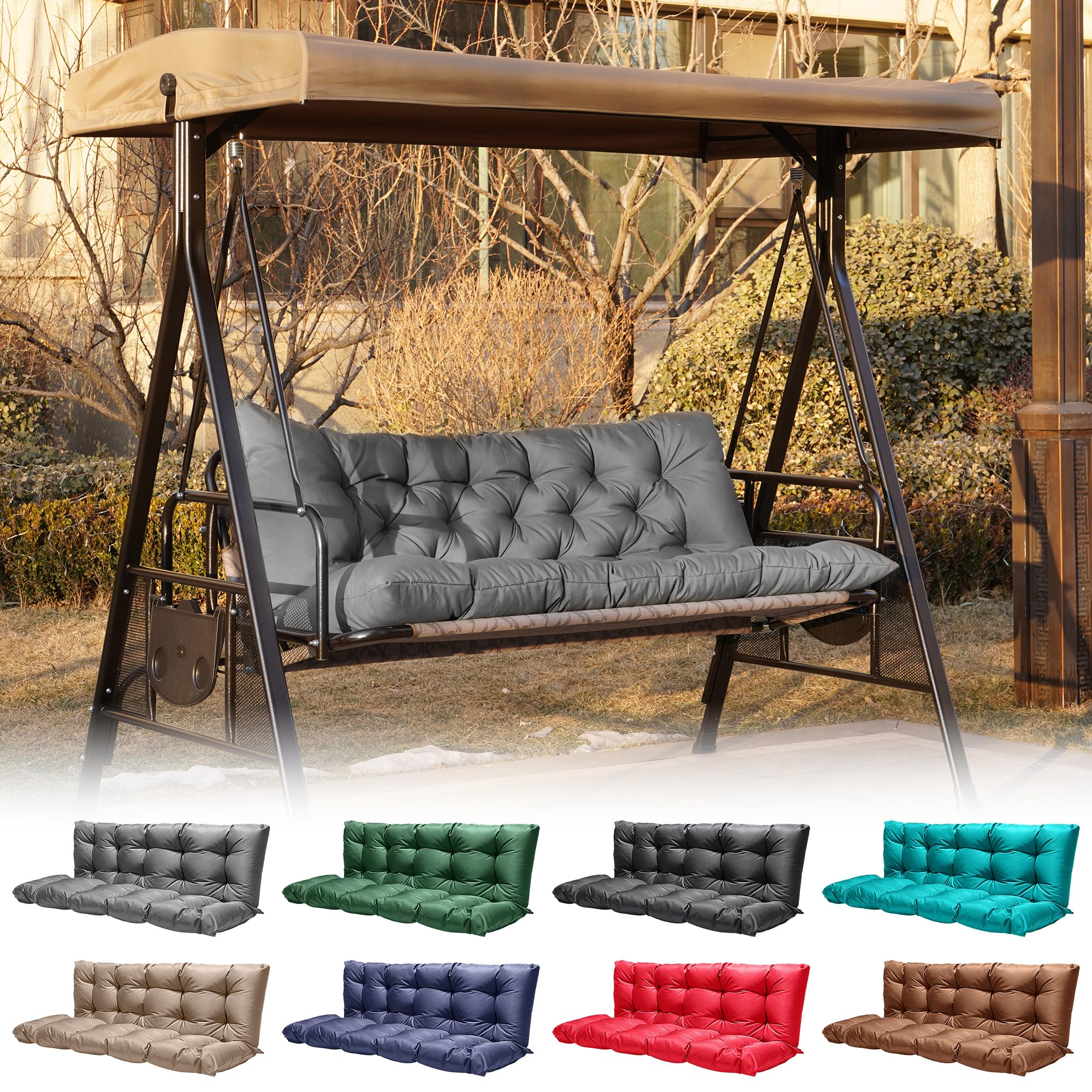 GPQAWER Porch Swing Cushions,Outdoor Cushions 3 Seater Replacement with Backrest, Waterproof Thickened Bench Cushion with Ties for Porch, Patio,Outdoor, Backyard and Garden (Light Gray 60 * 40 in)