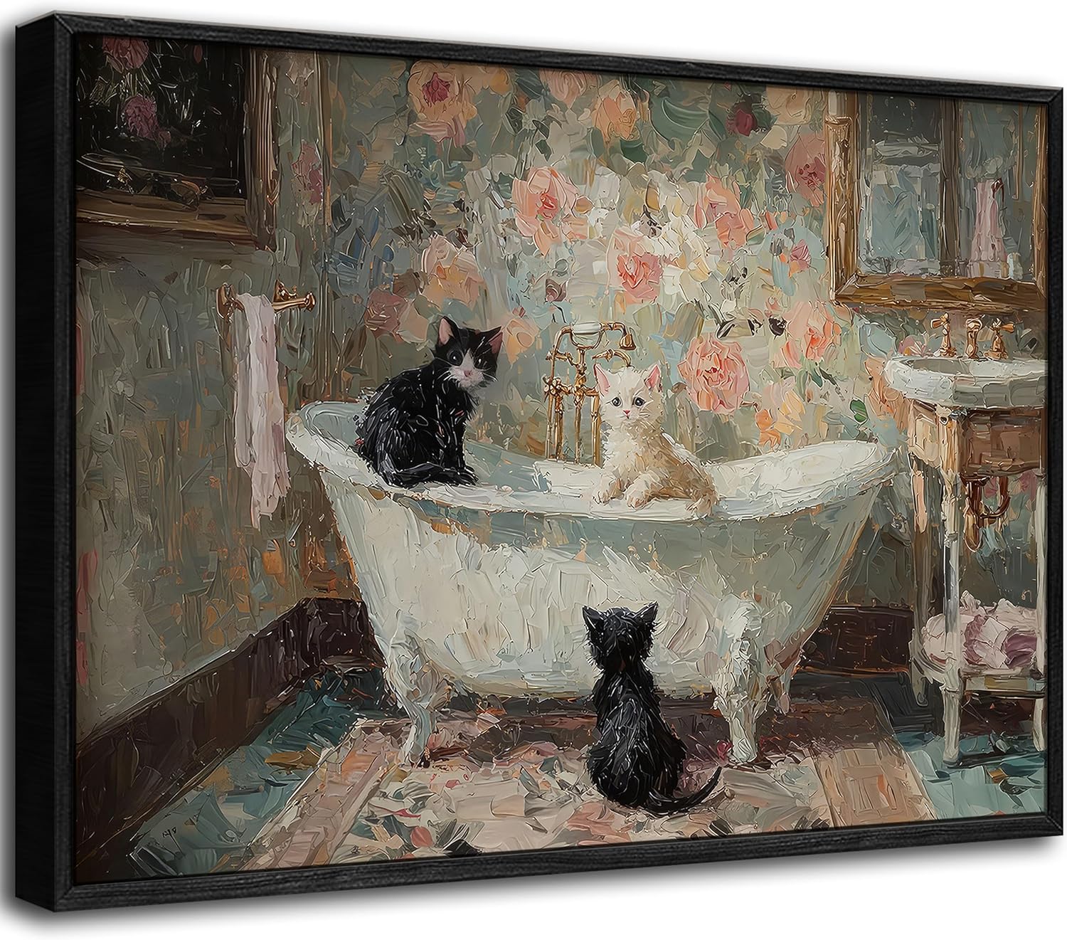Framed Funny Bathroom Cat Canvas Wall Art Vintage Bathtub Cat Poster Prints Cute Animal Painting Picture Artwork Wall Decor for Restroom Toilet Bedroom 16x24in