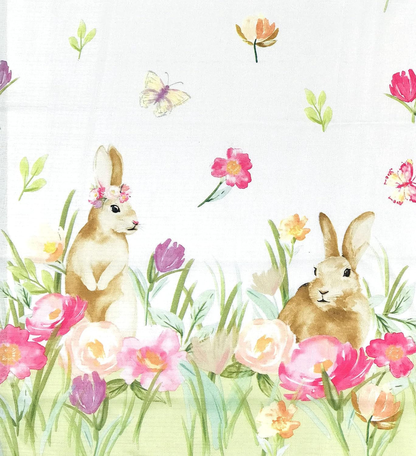 Country Easter Spring Fabric Tablecloth: Colorful Bunny Flower Print Border White with Blue Border Stripe (60" x 102" Inch)