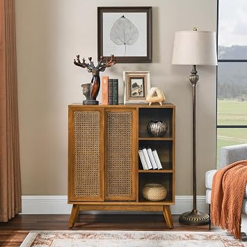 Mid Century Modern Rattan Sideboard Cabinet - Vintage Entryway Buffet Console Table with Adjustable Shelf & Solid Wood Feet for Living Room, Hallway, Dining Room - Light Wood Finish