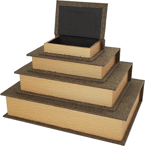 Miniatura 2 de Deco 79 Caja decorativa de madera con forma de libro de almacenamiento de tela, juego de 4 cajas decorativas de recuerdo de 15, 12, 9, 6 pulgadas de