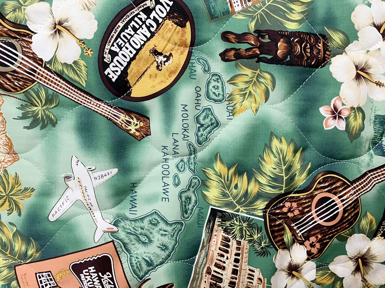 Quilted Fabric - 100% Cotton - 56 inch Wide - Sold by Yard - Turtle - Hibiscus - Floral - Leaves - Hawaiian - Ferns (Kona Music Green)