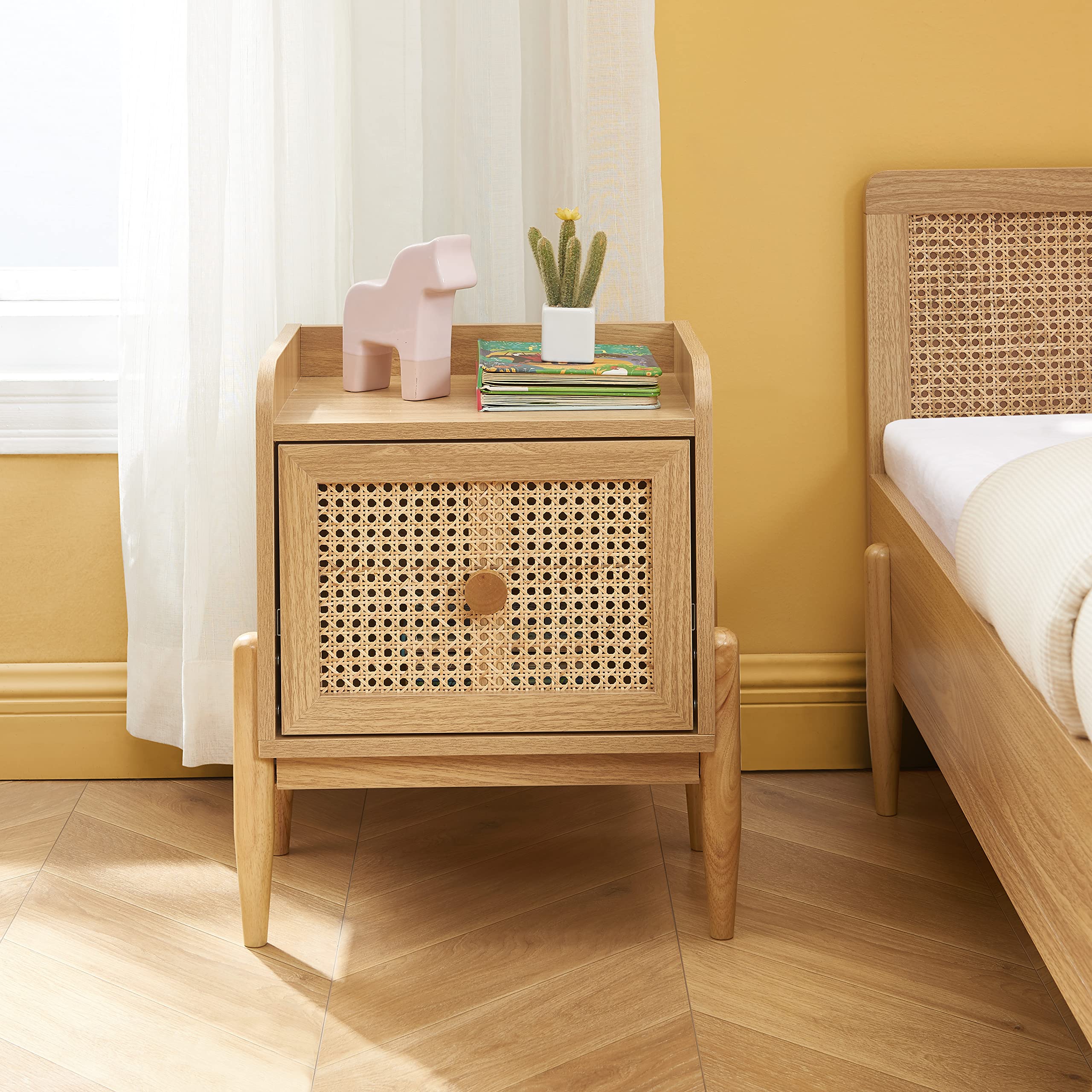 BAÏTA Table de Chevet Enfant Pablo Effet chêne et cannage rotin