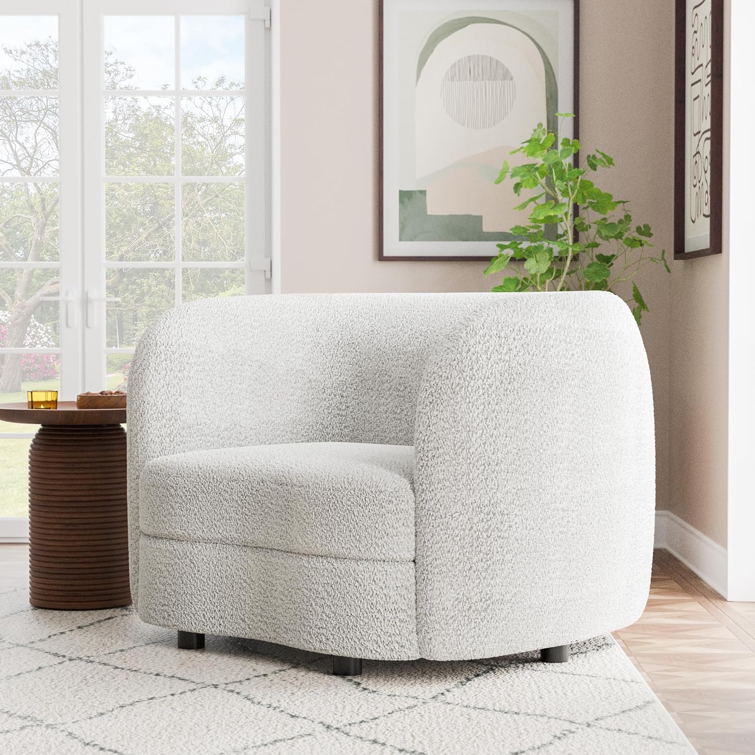Furniture of America Nimiane Modern Boucle Barrel Chair with Curved Arms and Wooden Legs, Fabric Upholstered Armchair, Comfy Sofa Chair for Living Room, Bedroom, Home Office, Off-White