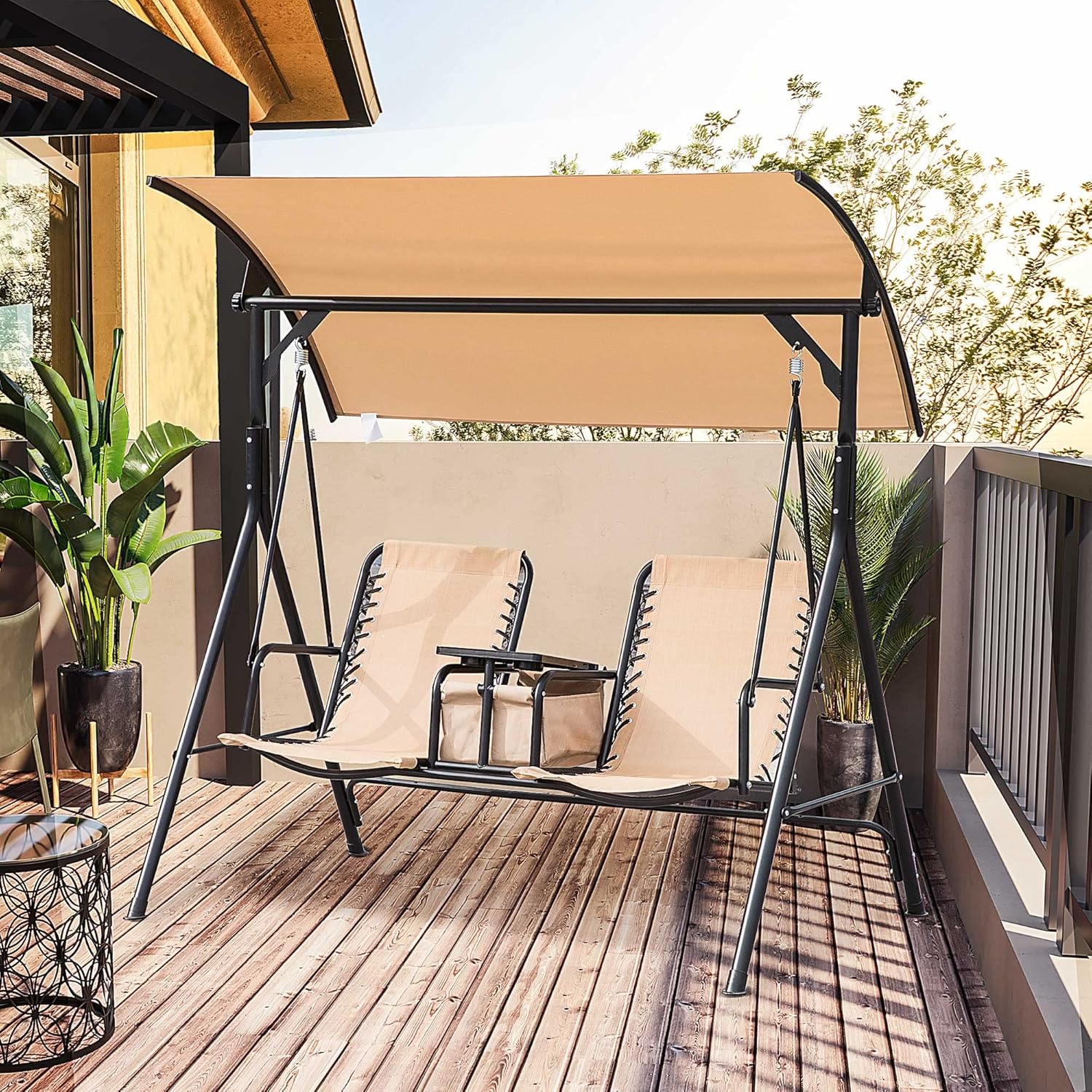 Outsunny 2-Seater Patio Swing Chair, Outdoor Canopy Swing Glider with Pivot Storage Table, Cup Holder, Adjustable Shade, Bungie Seat Suspension and Weather Resistant Steel Frame, Beige