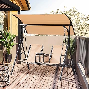 2 Seat Patio Swing Chair, Outdoor Canopy Swing Glider with Pivot Storage Table, Cup Holder, Adjustable Shade, Bungie Seat Suspension and Weather Resistant Steel e, Beige