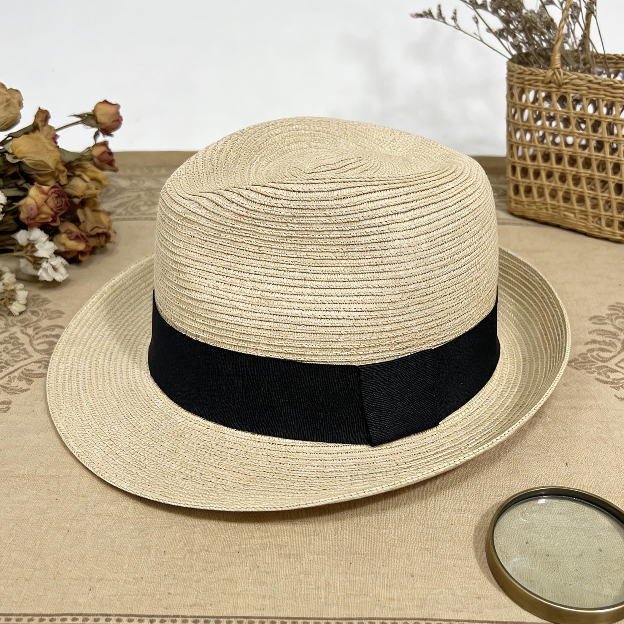 Wildarms Sombrero Fedora de Paja para Mujer, Estilo panamá, Sombrero de Verano con Banda Negra, Ligero y Transpirable