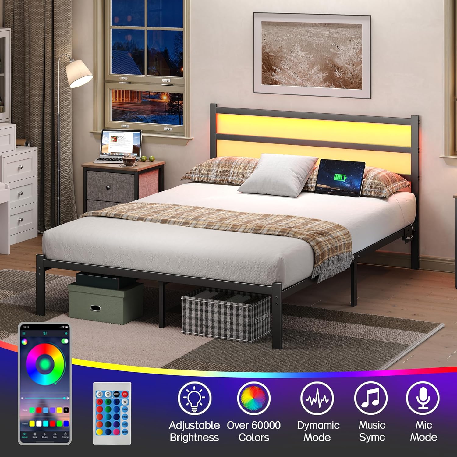 Full Bed Frame with Smart LED Lights, Storage Headboard and USB Charging Station,Heavy Duty Wooden Slats, No Box Spring Needed, Noise Free, Easy Assembly (Minimalist Black, Full)