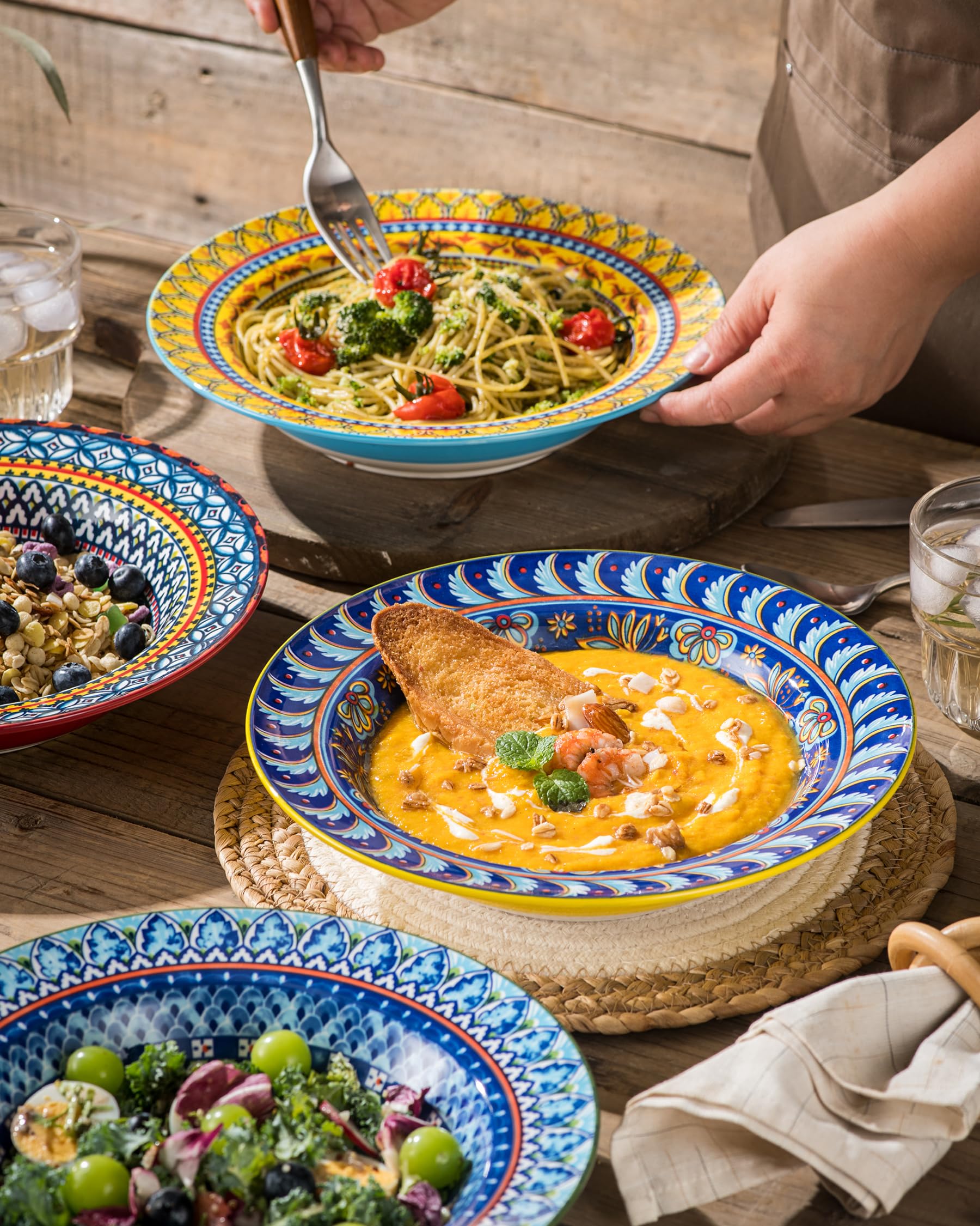HENXFEN LEAD Set di 4 piatti fondi in porcellana, 550 ml, piatti per pasta con bordo largo per insalata, zuppa, cereali, pasta, stile bohémien