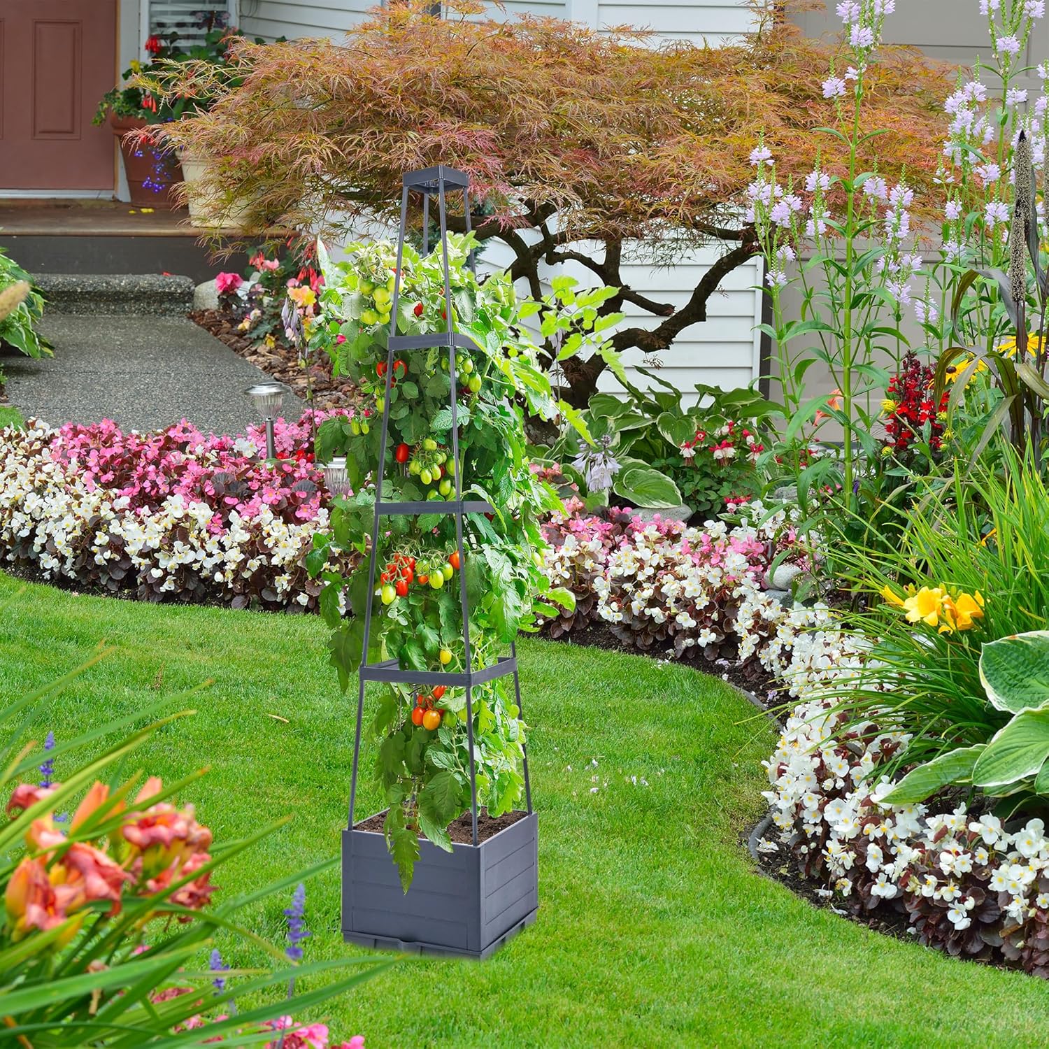 GENMOUS Raised Garden Bed with Tomato Planter Box Trellis, 56'' Tomato Cages for Garden, Tomato Planter Cage for Patio for Climbing Plants Vegetable Vine Flowers Outdoor & Indoor, 4 Pack