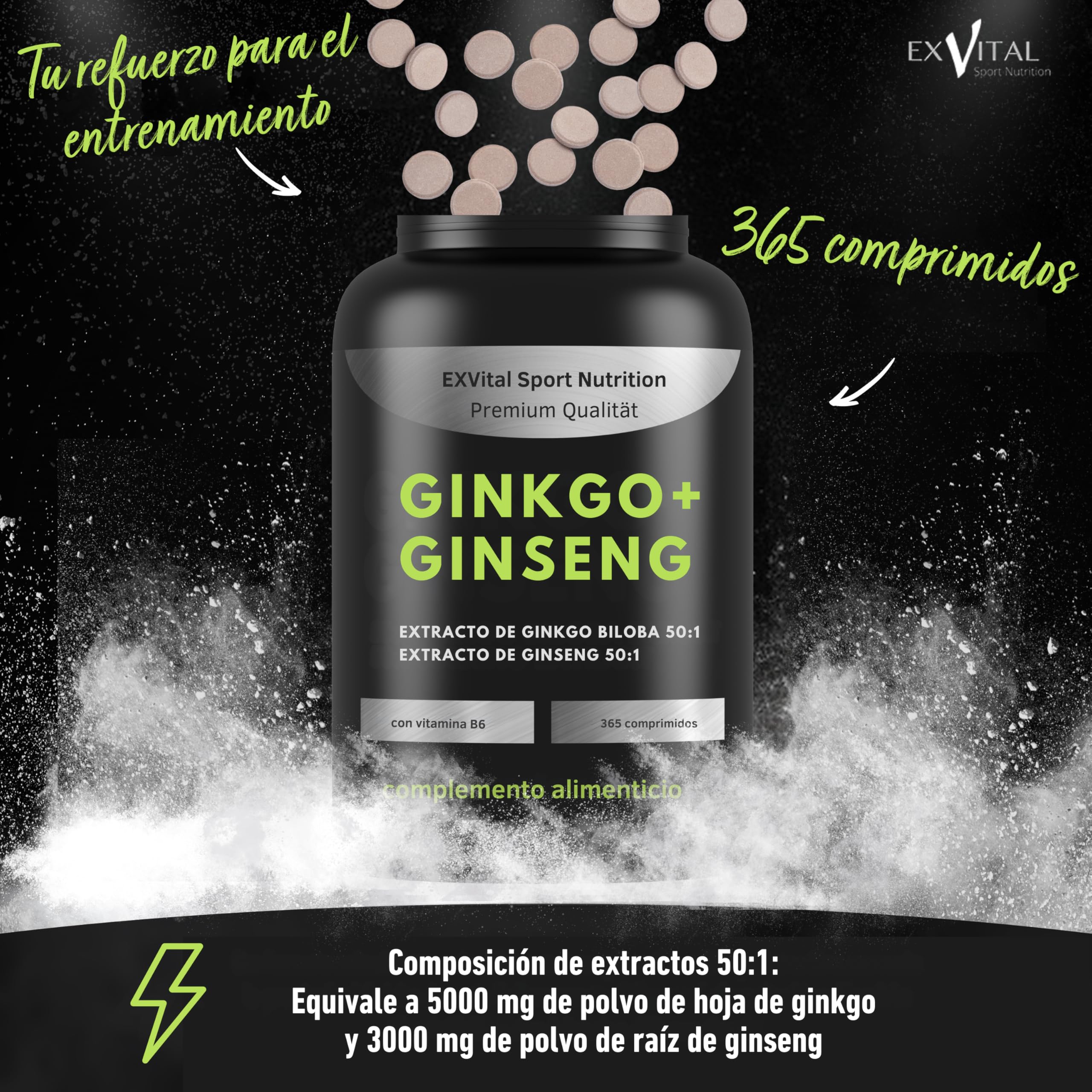 EXVital® Ginkgo + Ginseng, 365 comprimidos, extractos vegetales 50:1, alta concentración – Ginkgo biloba y ginseng coreano – Analizado en laboratorio – Vegano
