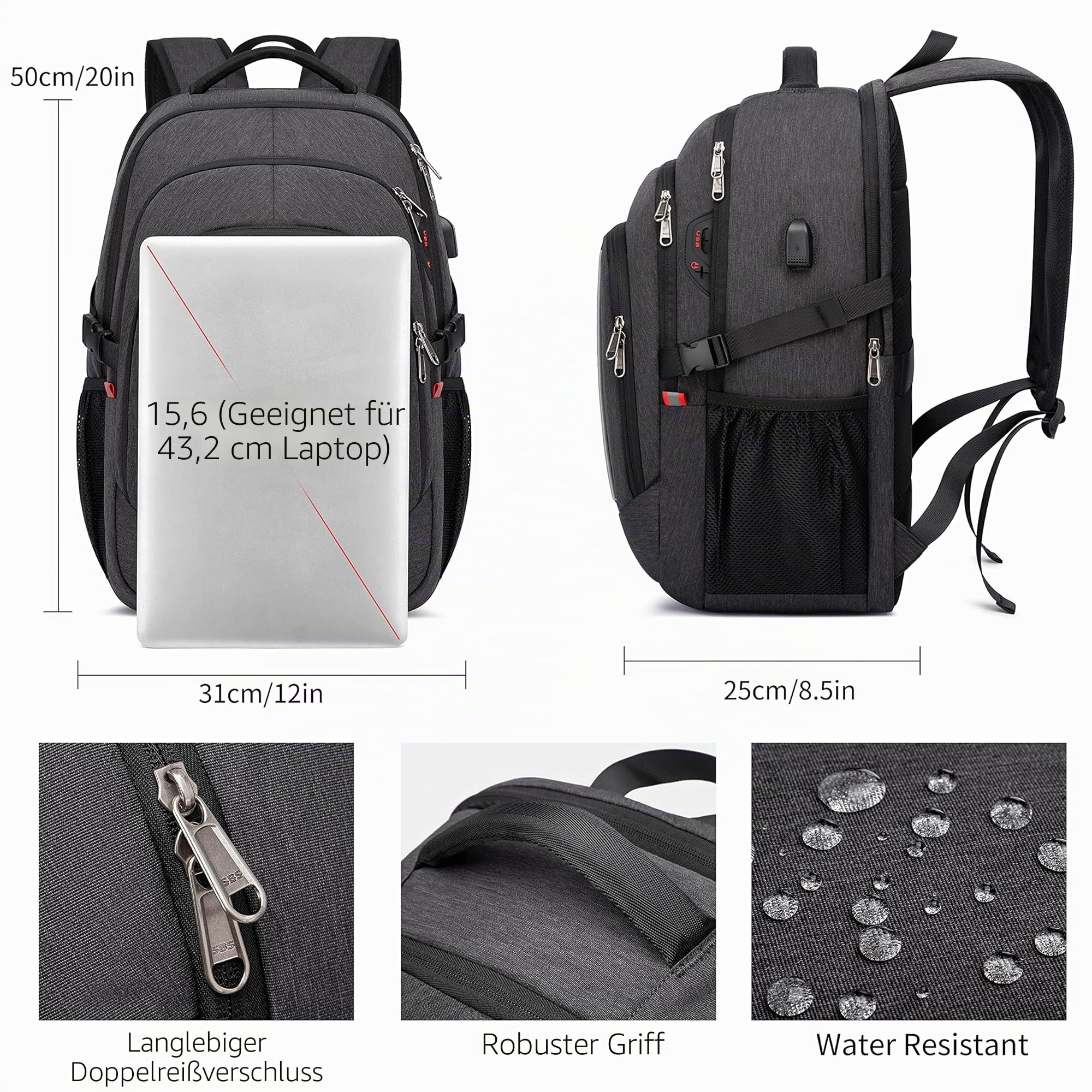 Cafele Rucksack, 17,3-Zoll Reise Laptop Rucksack, RFID Anti-Diebstahl Tasche Universitätsrucksack, wasserdichter Schulrucksack, geeignet für junge Männer und Frauen, grau