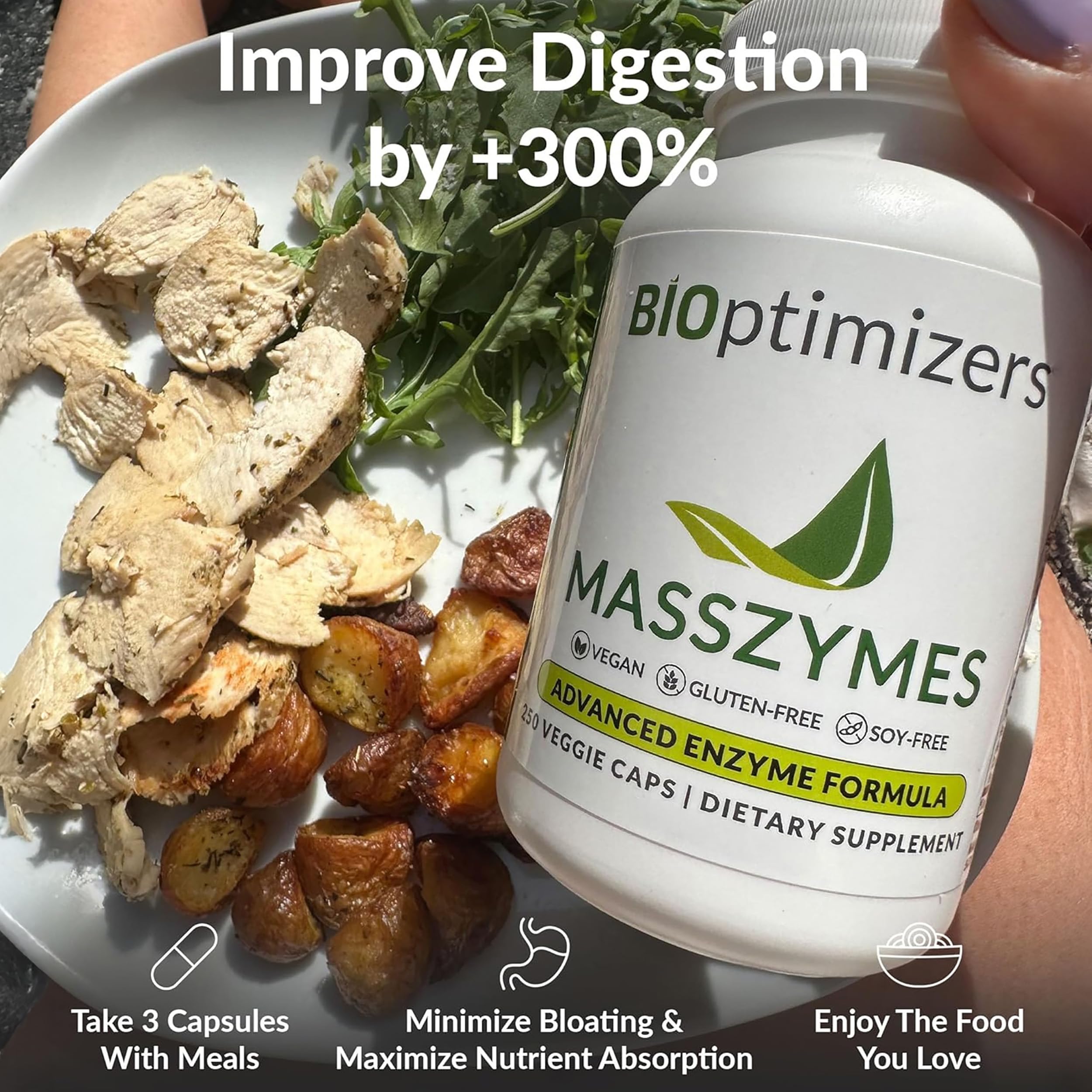 BiOptimizers Masszymes | Verdauungsenzym-Ergänzung Für Eine Bessere Absorption | Linderung Von Blähungen, Verstopfung Und Gasen | Enthält Lipase, Amylase Und Bromelain | 250 Kapseln