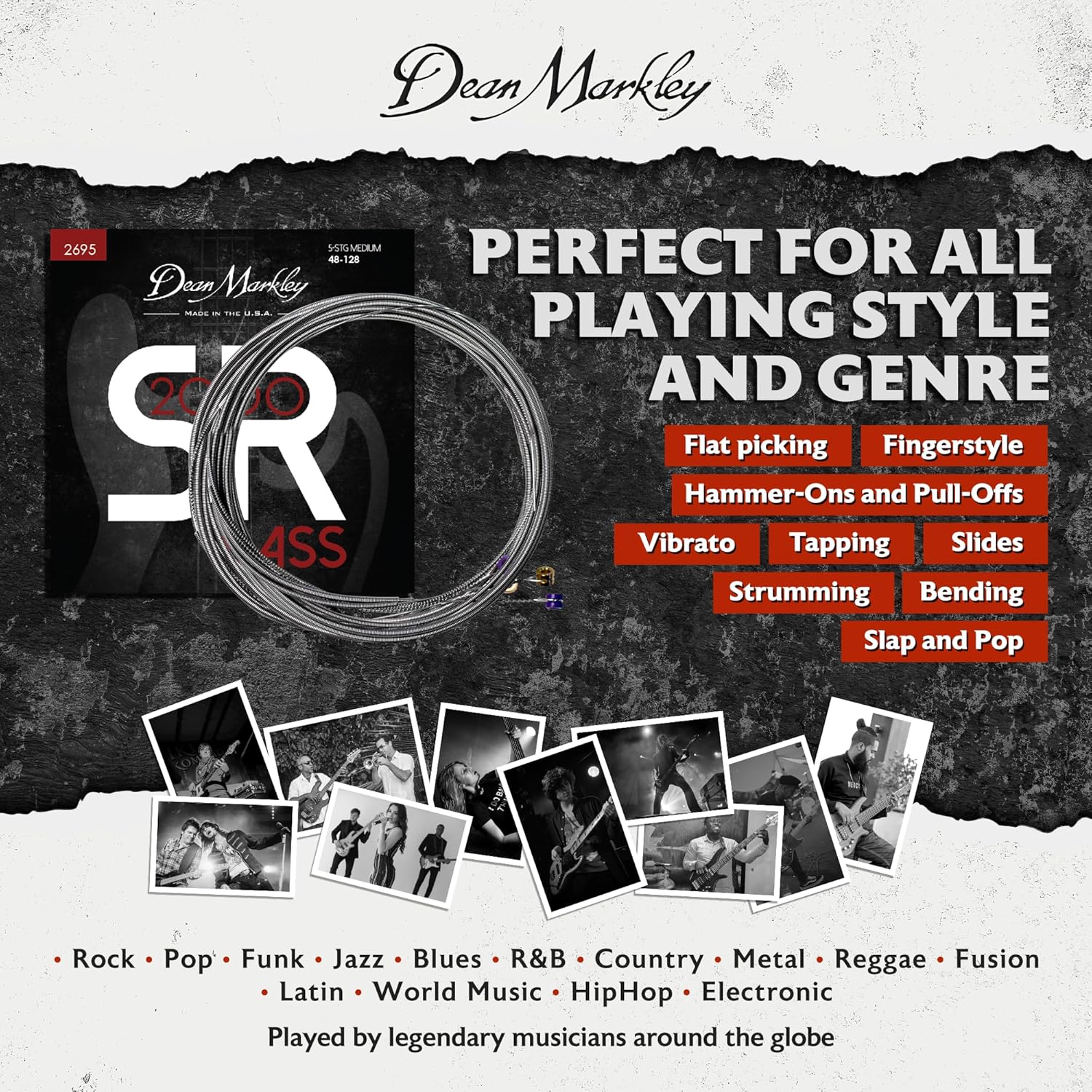 Dean Markley SR2000 Stainless Steel Bass Guitar Strings 5 String Set, 48-128 Medium 5 String Bass Guitar, Silky Smooth Bass Strings with Long Lasting and Full Tone, Made in the USA