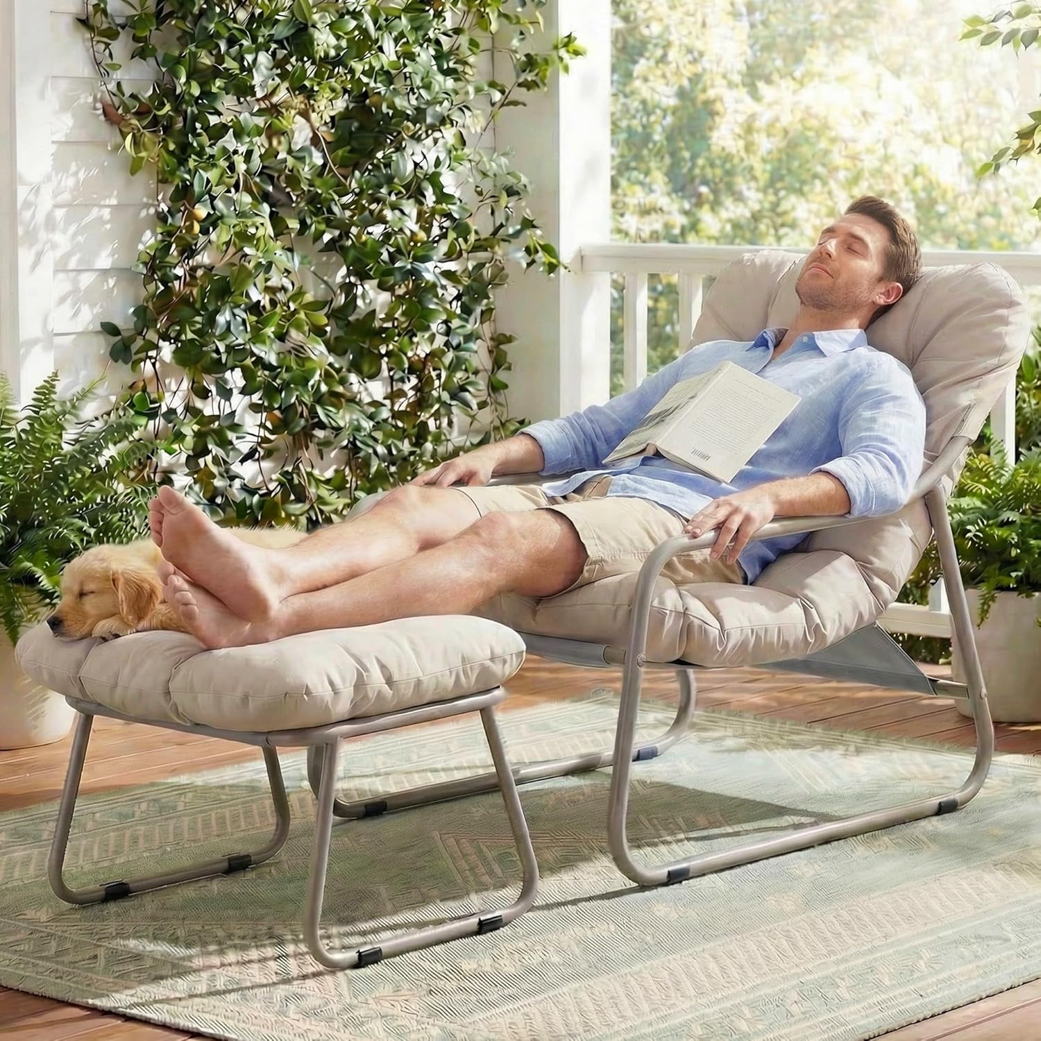 RADIATA Modern Outdoor Lounge Chair with Ottoman, 4" Thick Cushion Patio Lounge Chair with Reclined Back and Armrests, Heavy-Duty Reading Lounge Chair for Porch Balcony Garden Backyard, Beige