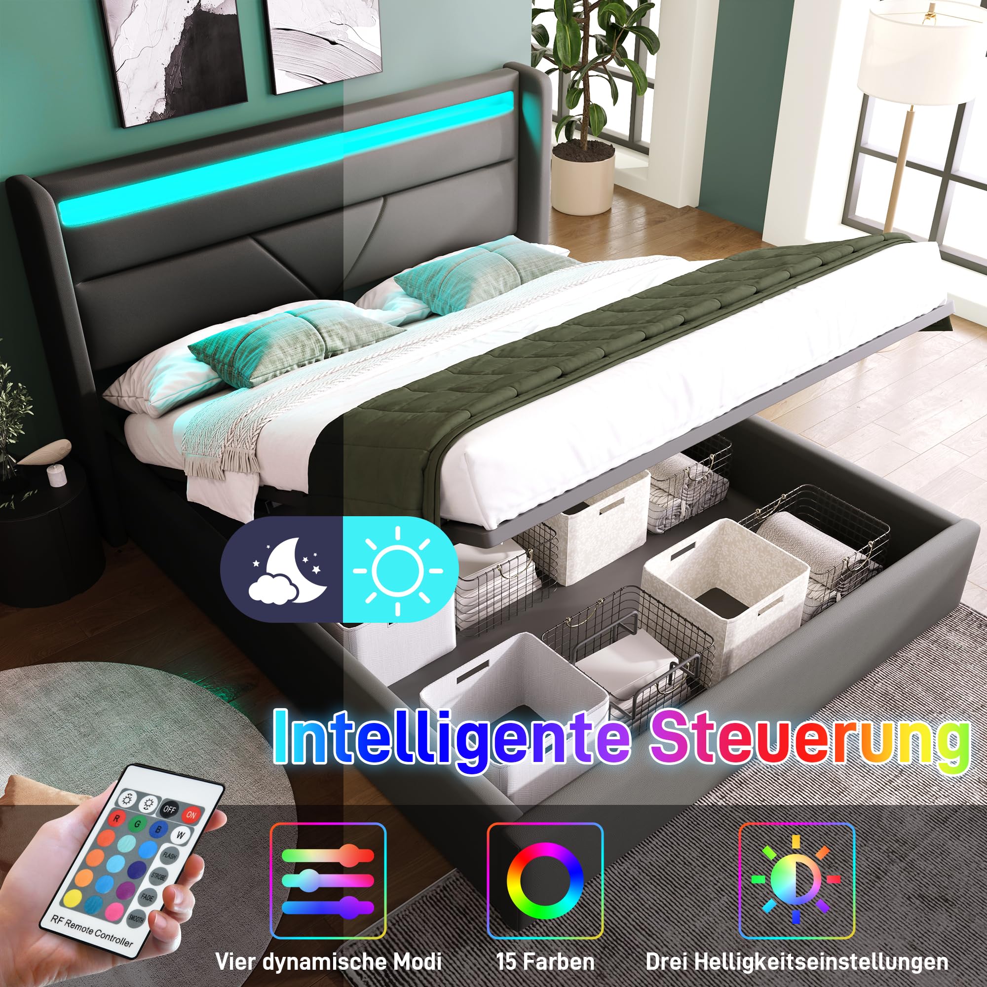 Lit hydraulique, avec espace de rangement, 140 x 200 cm, gris, avec éclairage LED et télécommande, surface PU, espace de rangement rabattable, lit fonctionnel, moderne, avec espace de