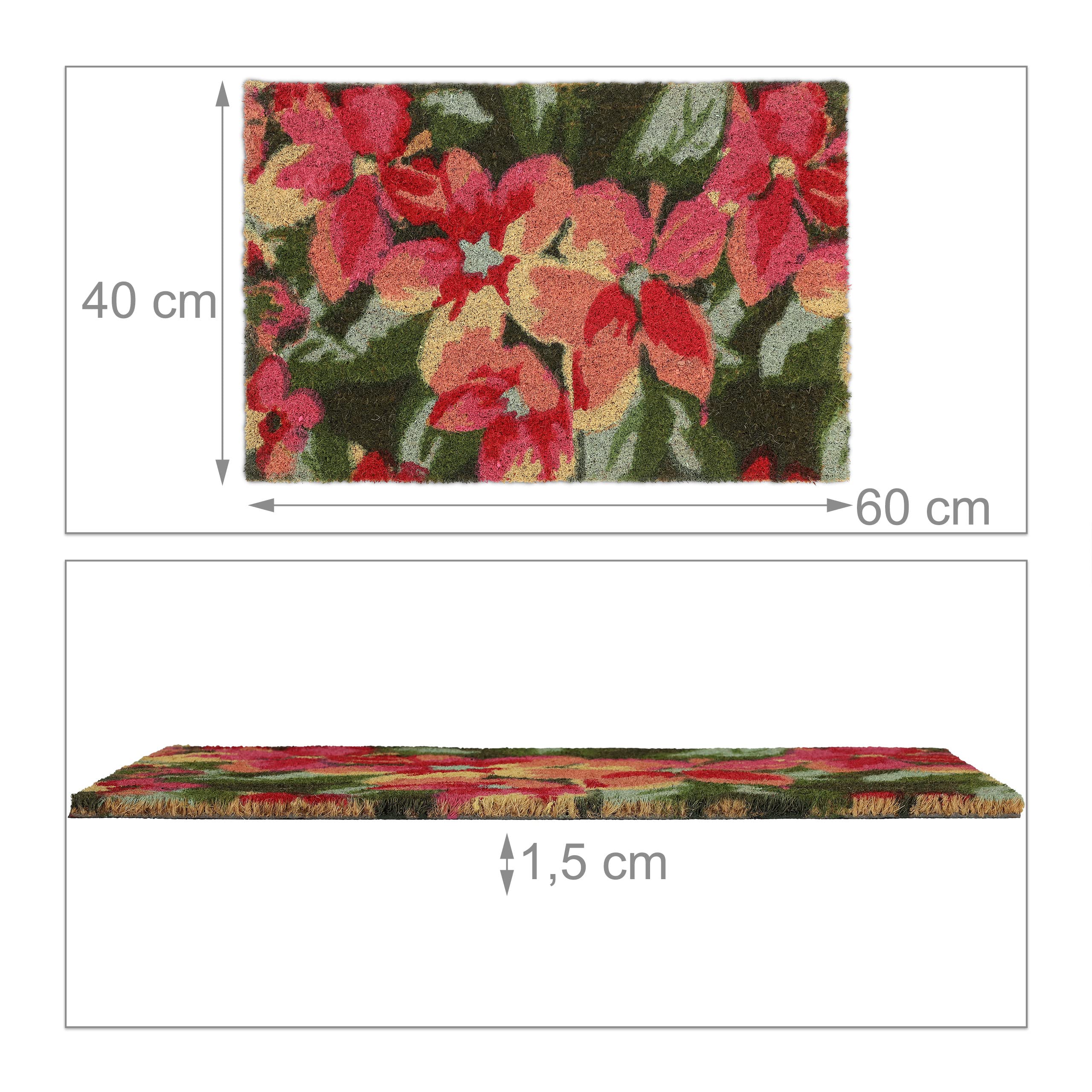 Relaxdays deurmat kokos, voordeurmat bloemen, 60 x 40 cm, antislip, weerbestendig, kokosmat binnen & buiten, kleurrijk