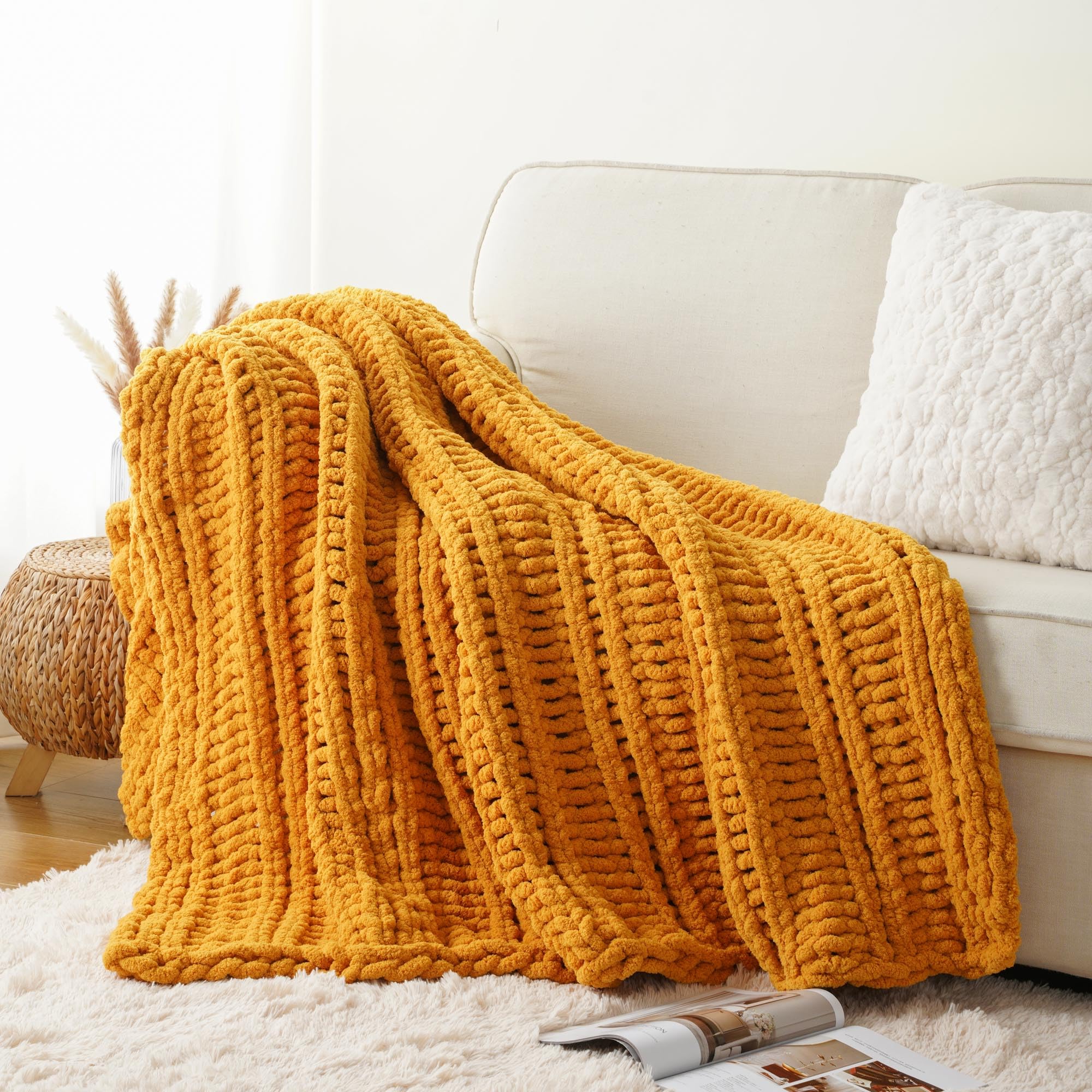 Battilo Chunky Knit Blanket Throw, 125x150cm Handmade Knitted Throw Blanket, Soft Thick Chenille Yarn Crochet Blankets Mustard Yellow Throws for Sofa Bed Couch Home Decor