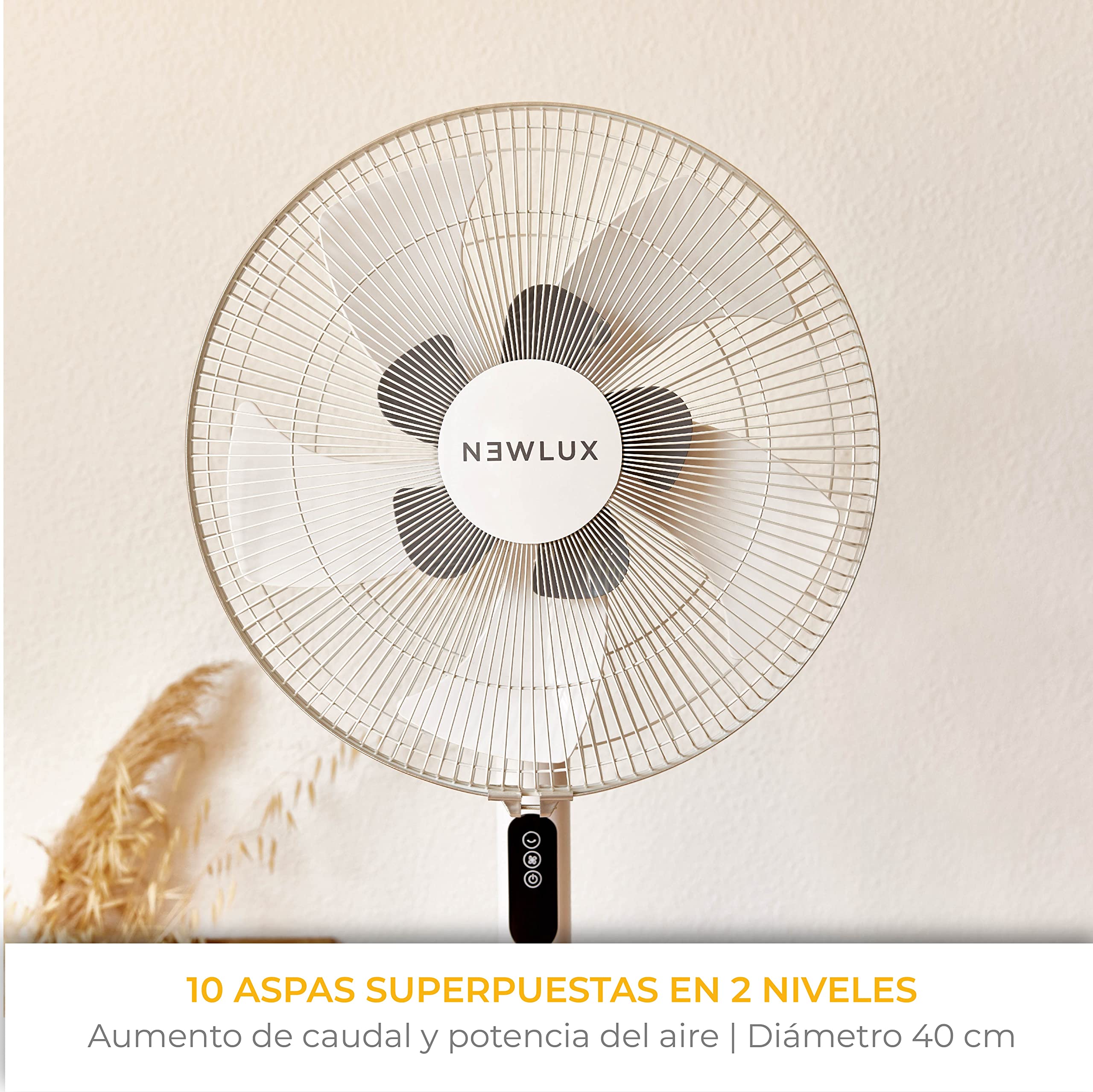 Newlux - Ventilador de Pie con Mando a Distancia 3 en 1 W1050 Smart 10 Aspas de ø40cm, 3 Vel. y Temporizador 18h. Ventilador de Pedestal Oscilante 90º con Altura Regulable 130, 100 o 70cm (Blanco)