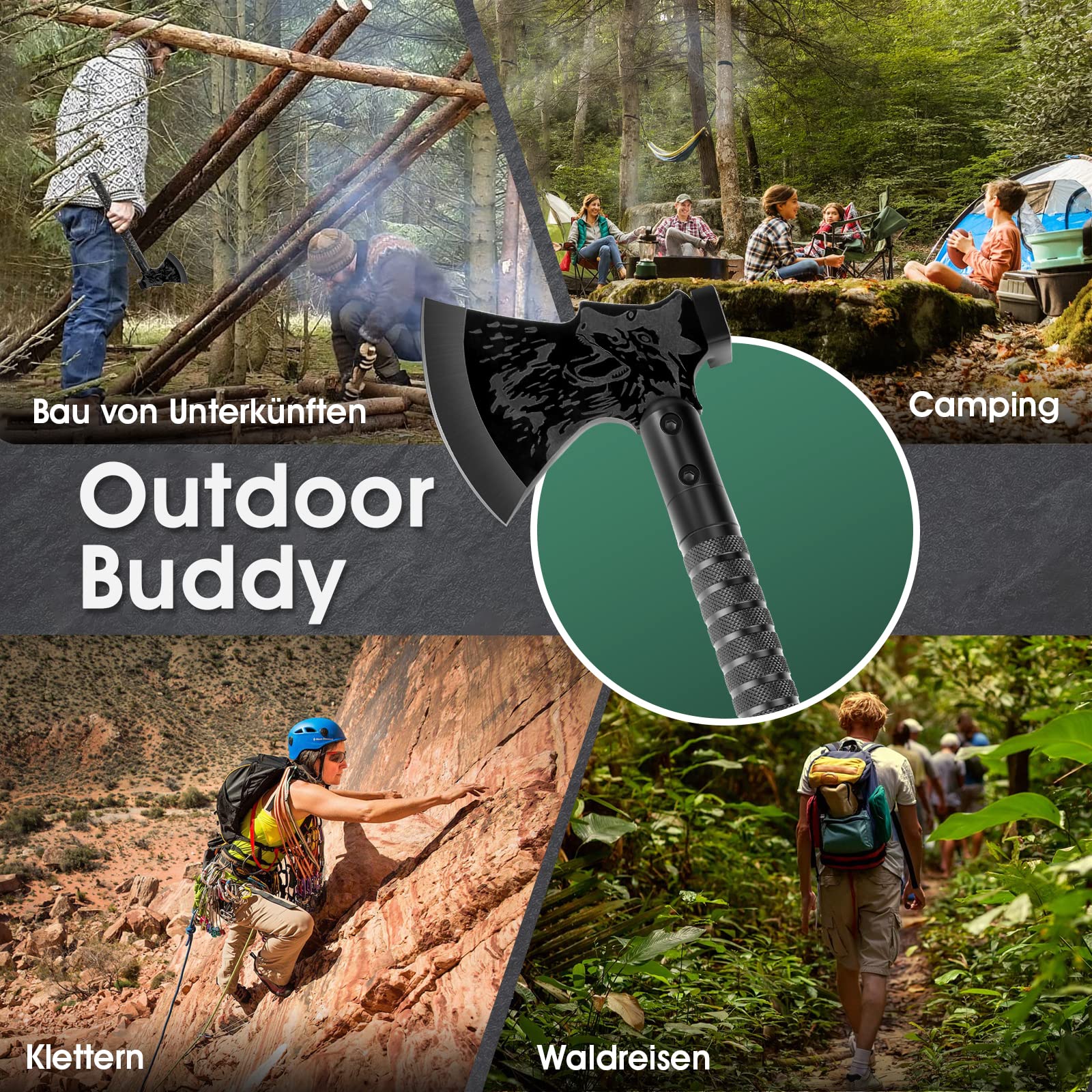 Japaknives Survival Axt 10 in 1, Spaltaxt für Holz, Schärfe Camping Beil, Multitool Campingäxte mit Outdoor Messer und Kompass，Handbeil mit Geschenkbox Schwarze äxte Set für Camping, Jagd, Garten