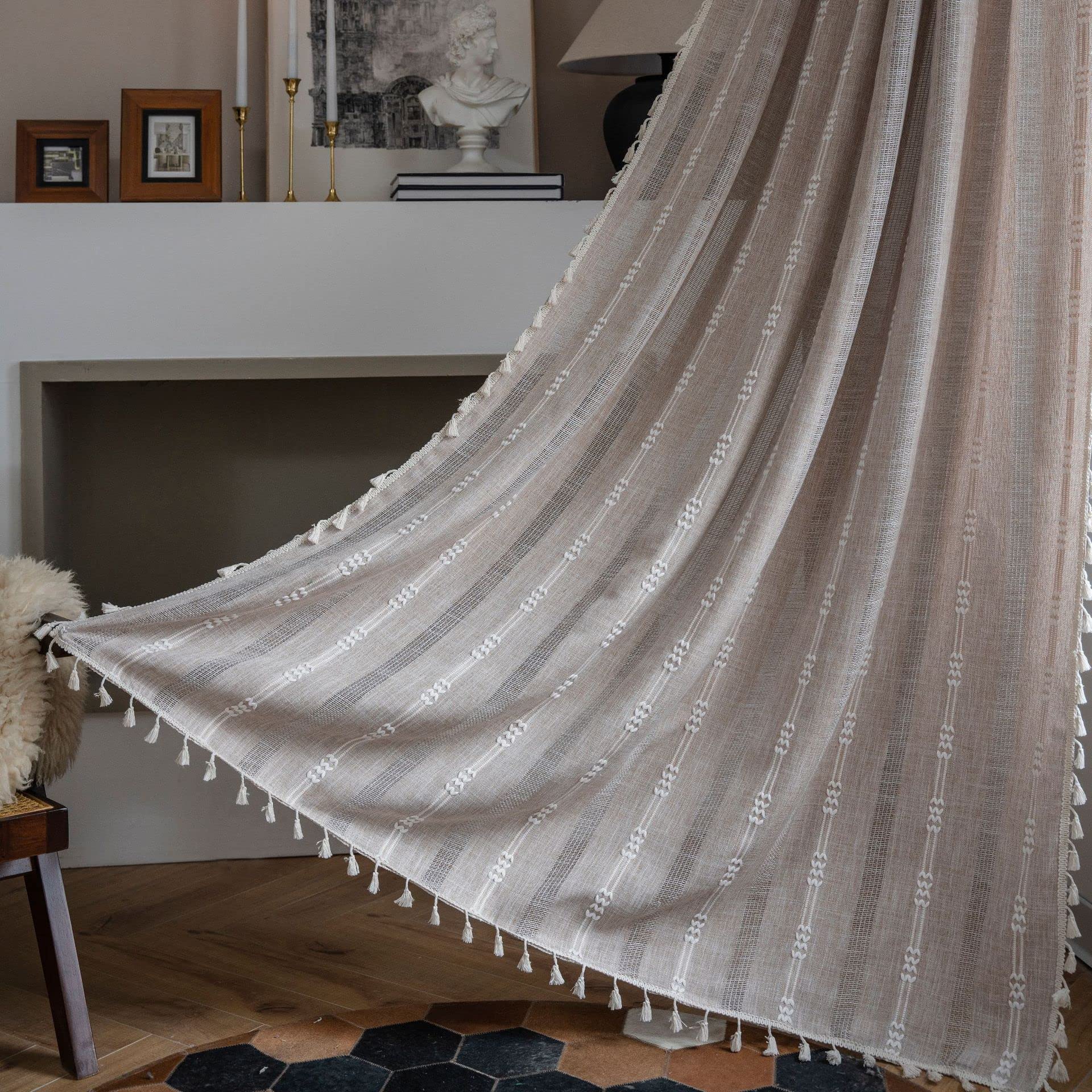 USTIDE Boho Curtains for Bedroom & Living Room, 84" Long Semi-Blackout Farmhouse Embroidery Curtains, 1 Panel Set