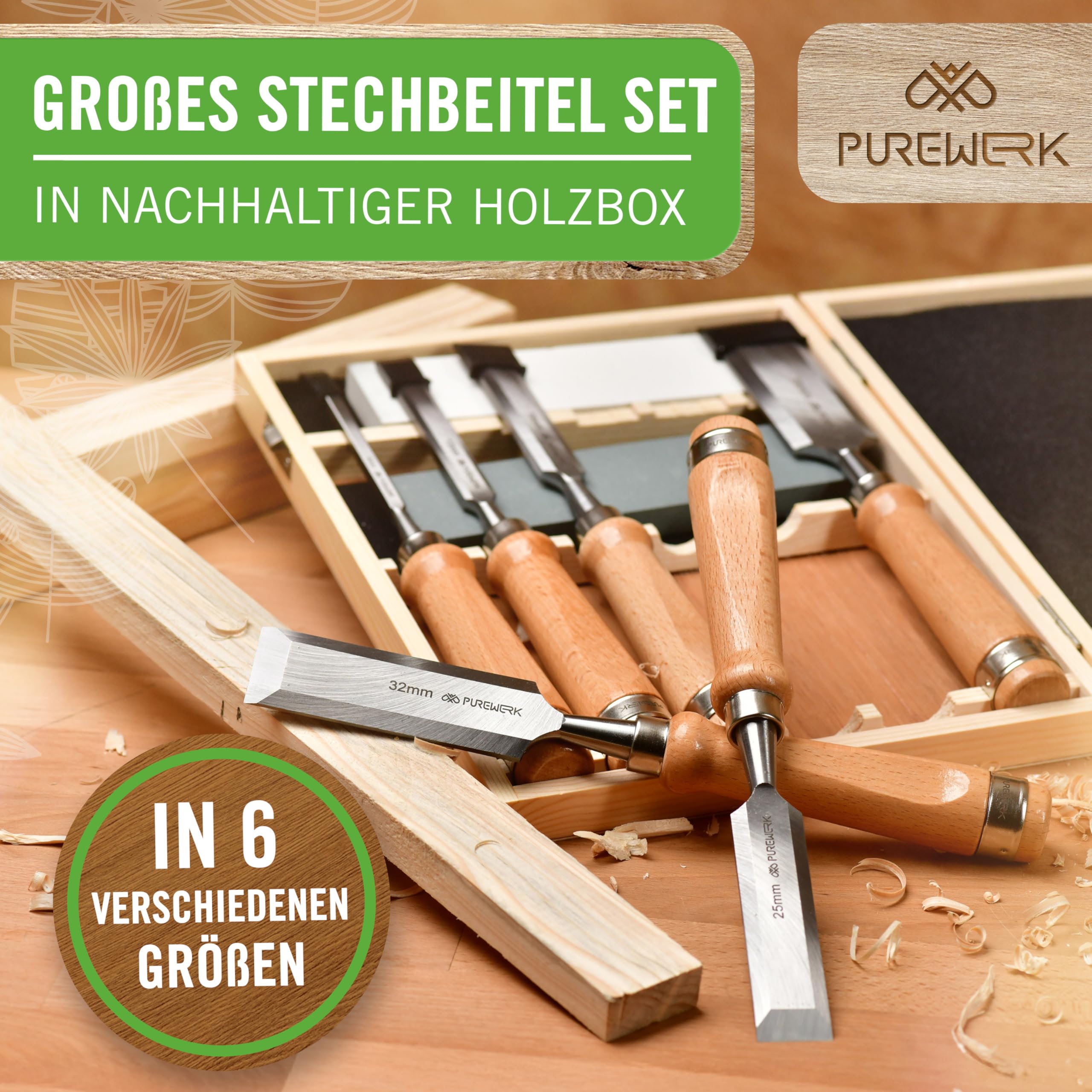 PUREWERK® steekbeitel set voor hout [6 maten] - Beitelset met 6 geslepen stemmeisen van CrV-staal - Gereedschap voor houtbewerking incl. doos & slijpstenen