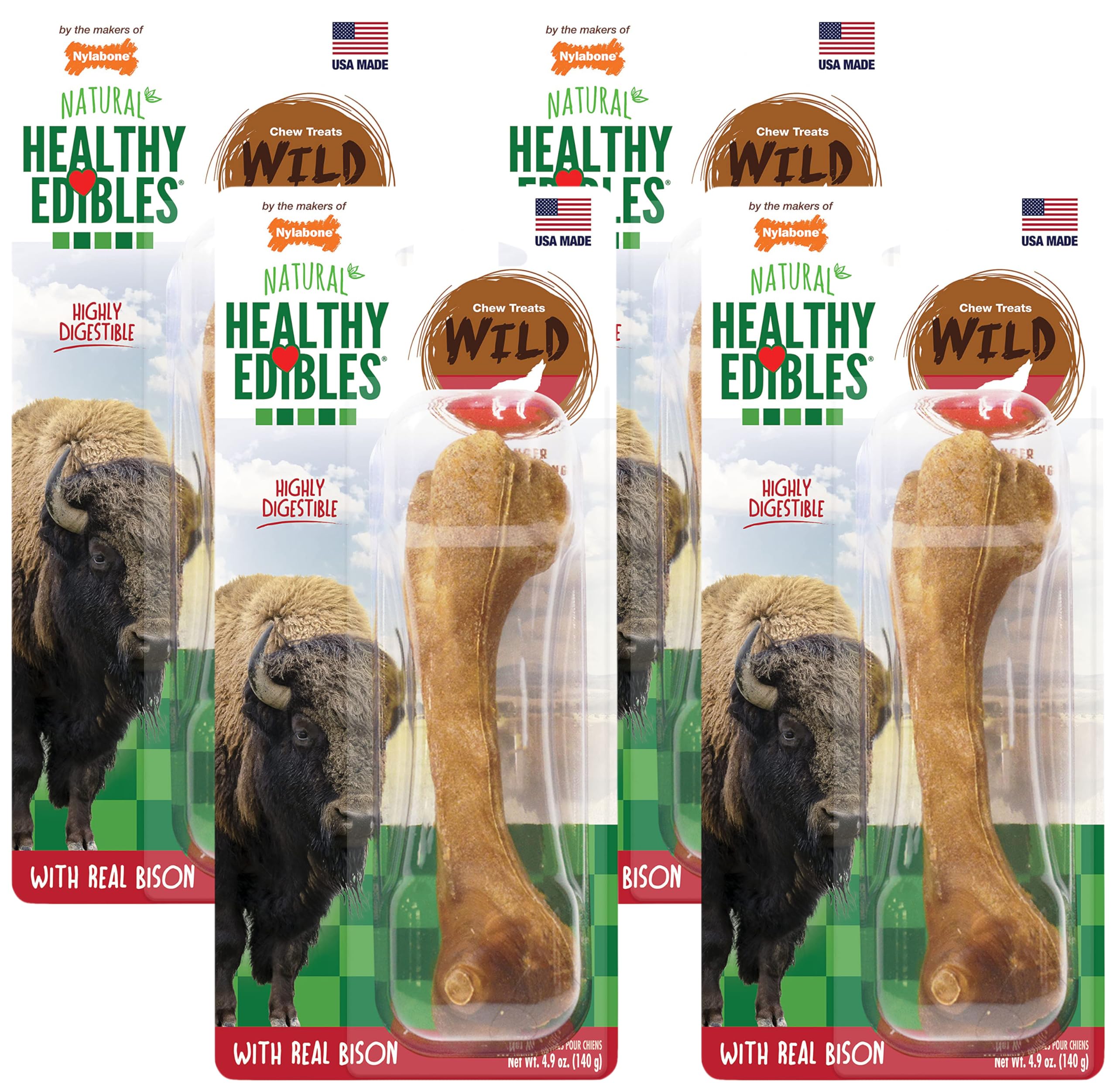 Nylabone Healthy Edibles Wild Natural Long-Lasting Bison Flavor Bone Chew Treats for Dogs, Large (1 Count) (Pack of 4)