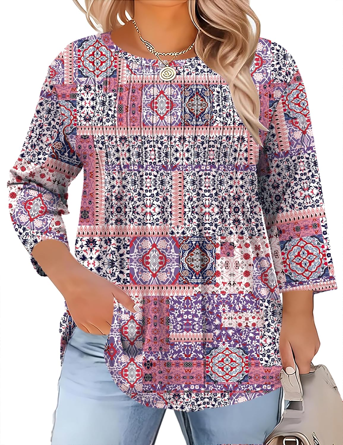 TFSDOD Womens Plus Size Tops 3/4 Length Sleeve Womens Tops Crewneck Pleated Boho Tunic Casual Shirts XL-5X