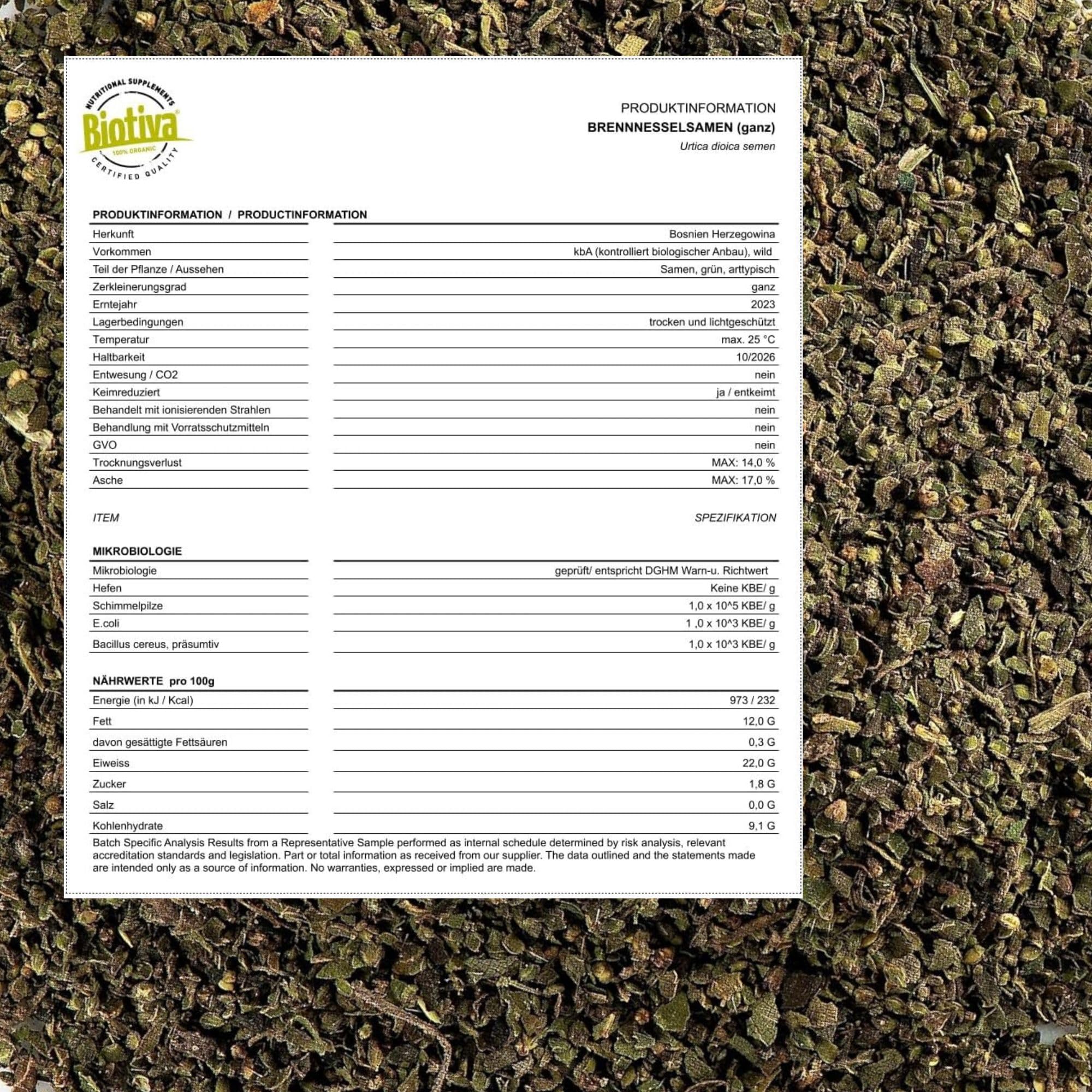 Semi di ortica bio 250g | 100% erbe di ortica biologiche | Imbottigliate e controllate in Germania | Biotiva