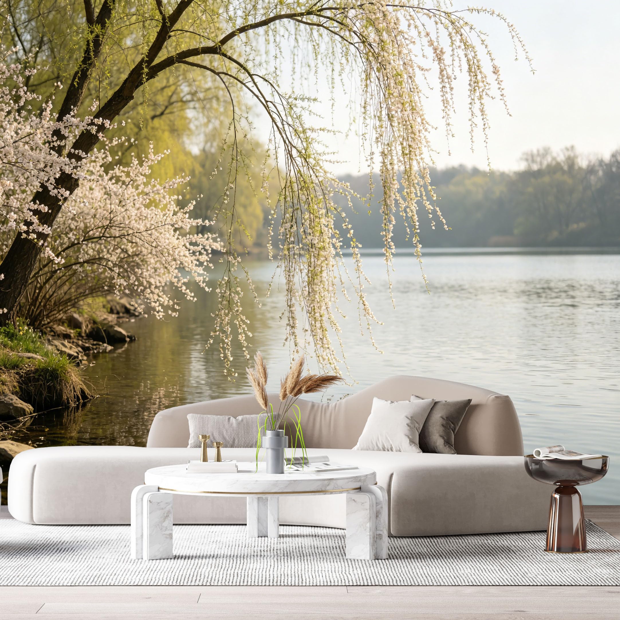 Custom Size Wall Murals Spring Lake Landscape Botanical Willow Blossoms Water Reflection SelfAdhesive Wall Fabric Removable Large Wallpaper for Photo Living Room