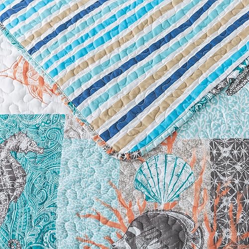 Vista 90 de NEWLAKE Juego de colcha de algodón, juego de colcha reversible de retazos, estampado real clásico turquesa, tamaño Queen Turquesa Clásico