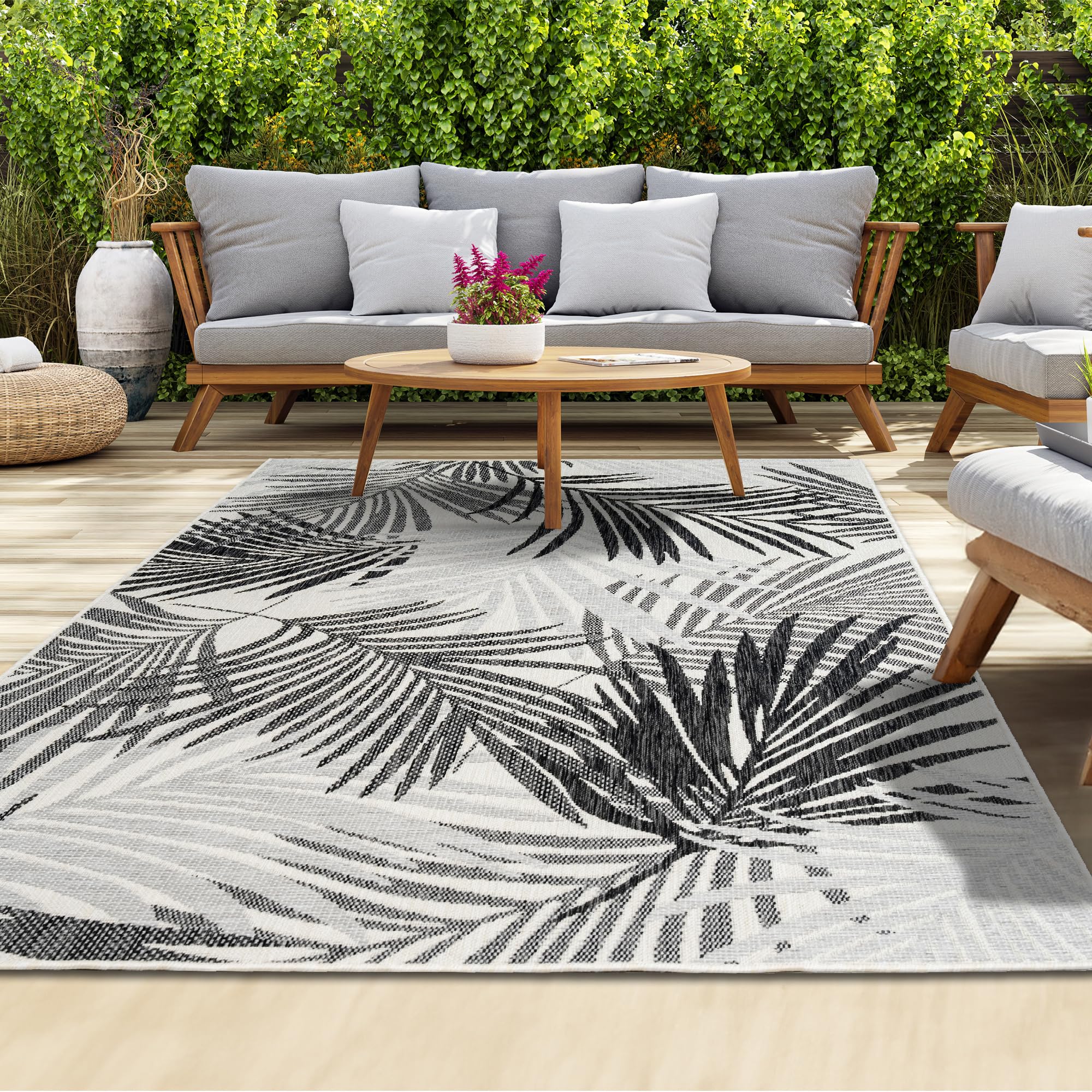 homeart Outdoor Rug - Easy-Clean, Durable, Stain-Resistant, Weather & UV Resistant Indoor & Outdoor Rugs for Porch, Deck, Balcony, Garden, Picnic and Patio | Palm Black, Grey - 200x290cm