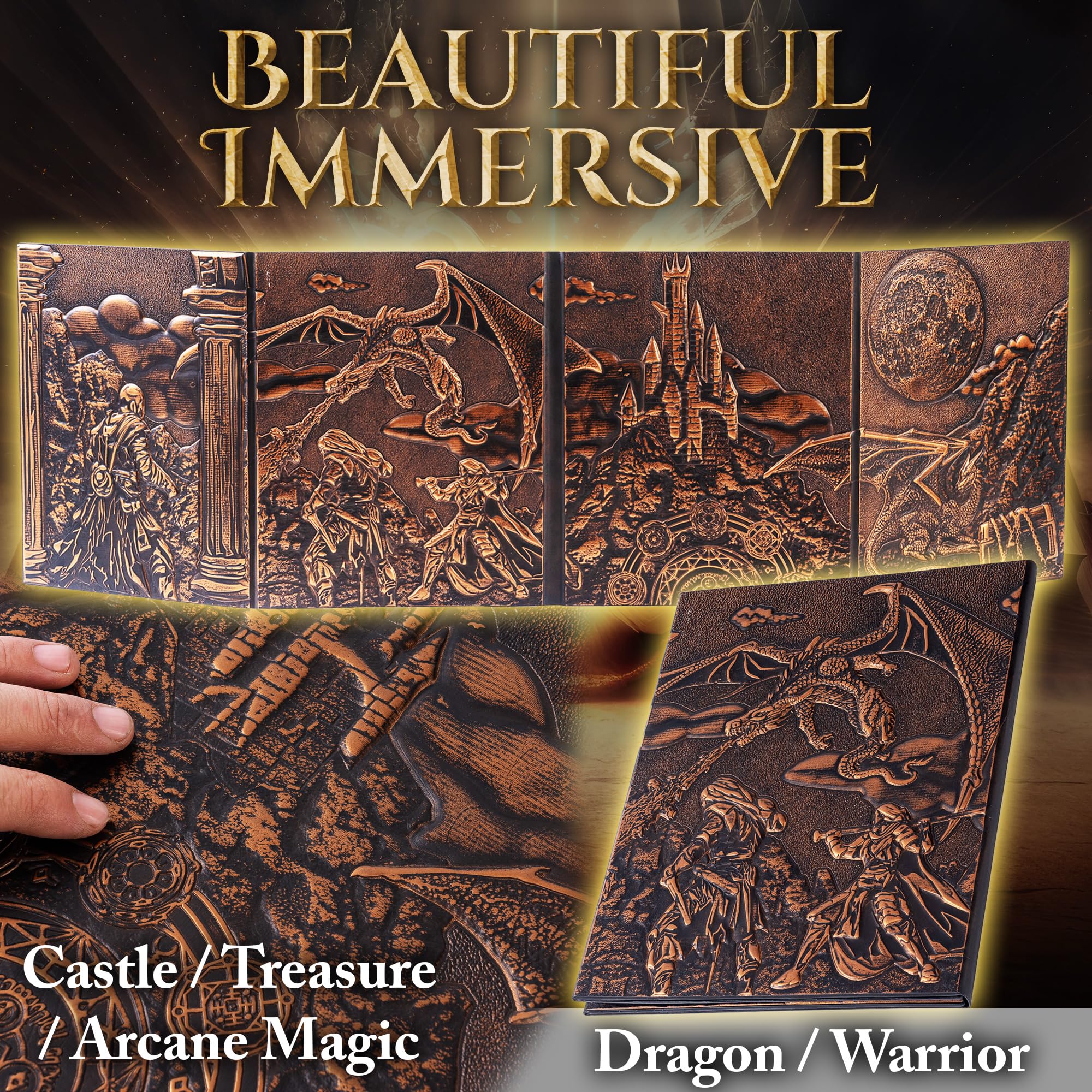 Écran DM pour DND avec 4 panneaux plus larges – Superbe scène de bataille panoramique et poches transparentes Game Master GM – Écran donjon Master en cuir synthétique gaufré 3D pour D&D, RPG (convient
