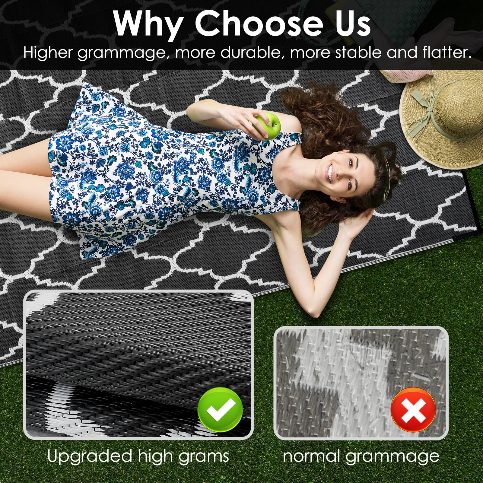 OIGAE Alfombra Exterior Impermeable 180 x 270 cm, Alfombra de Polipropileno Reversible, Resistente a Rayos UV, Antideslizante, Plegable y Lavable, para Terraza Jardín Balcón Camping Picnic, Negro